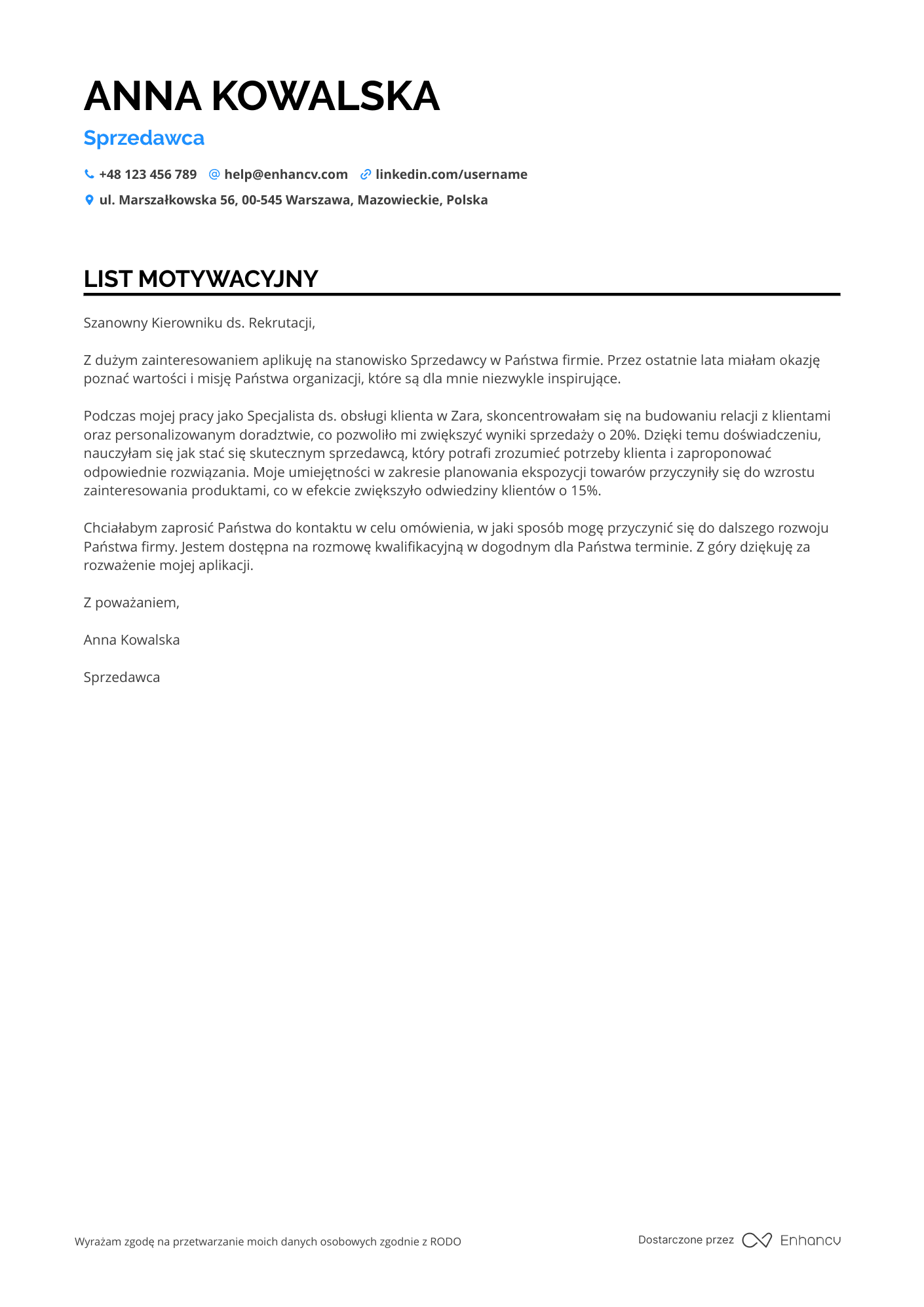 List motywacyjny dla Sprzedawca Doradca Klienta