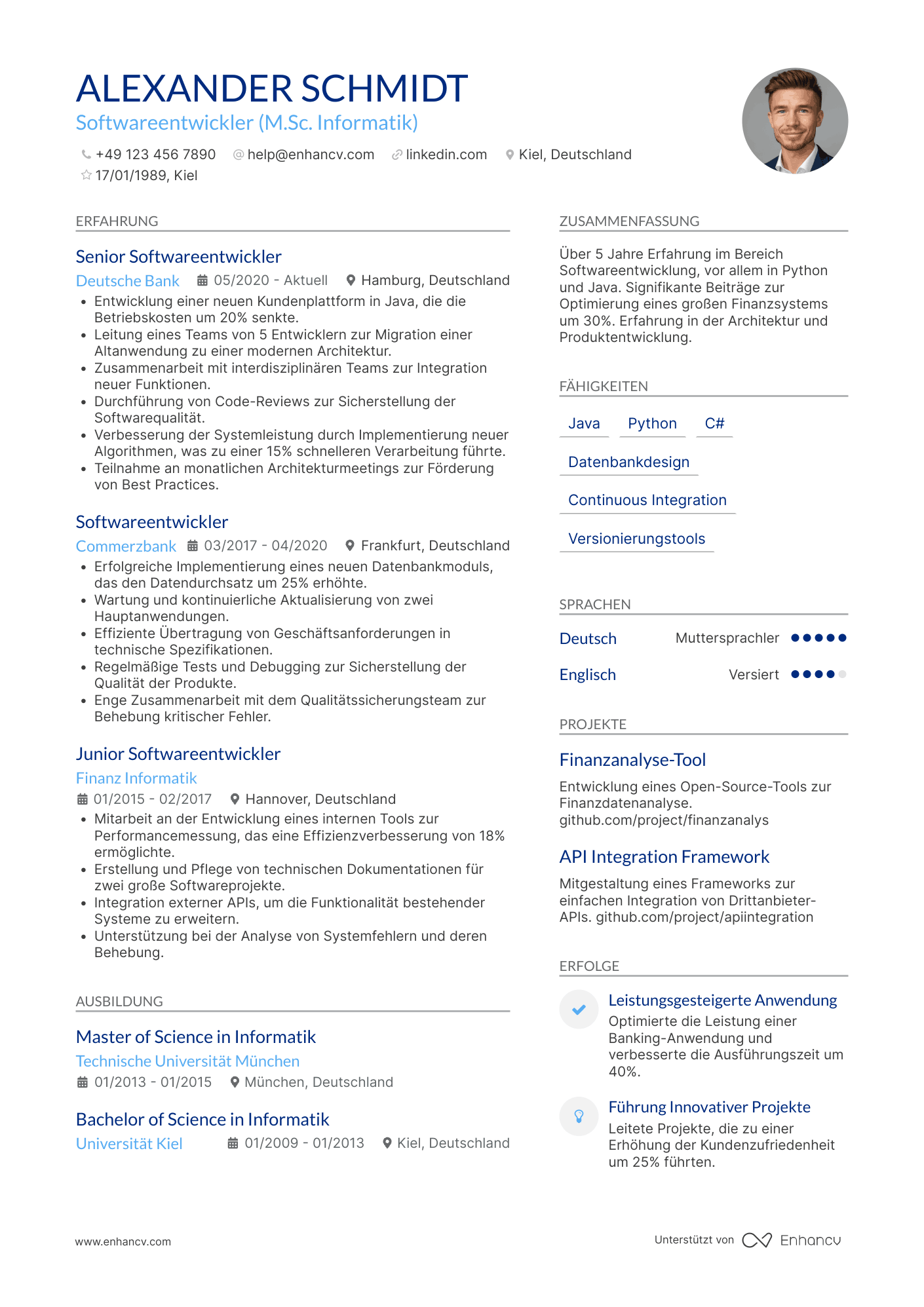 Lebenslauf in Softwareentwickler für Finanzdienstleistungen