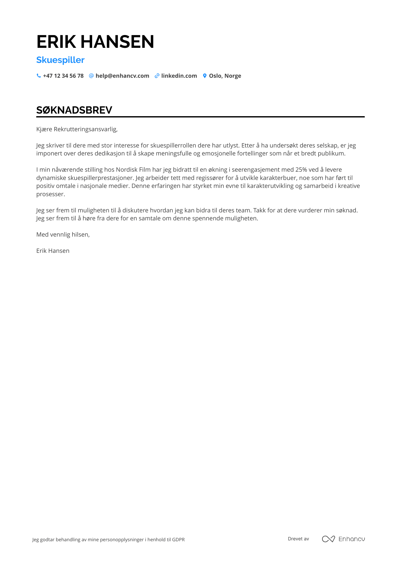 Søknadsbrev for TV skuespiller