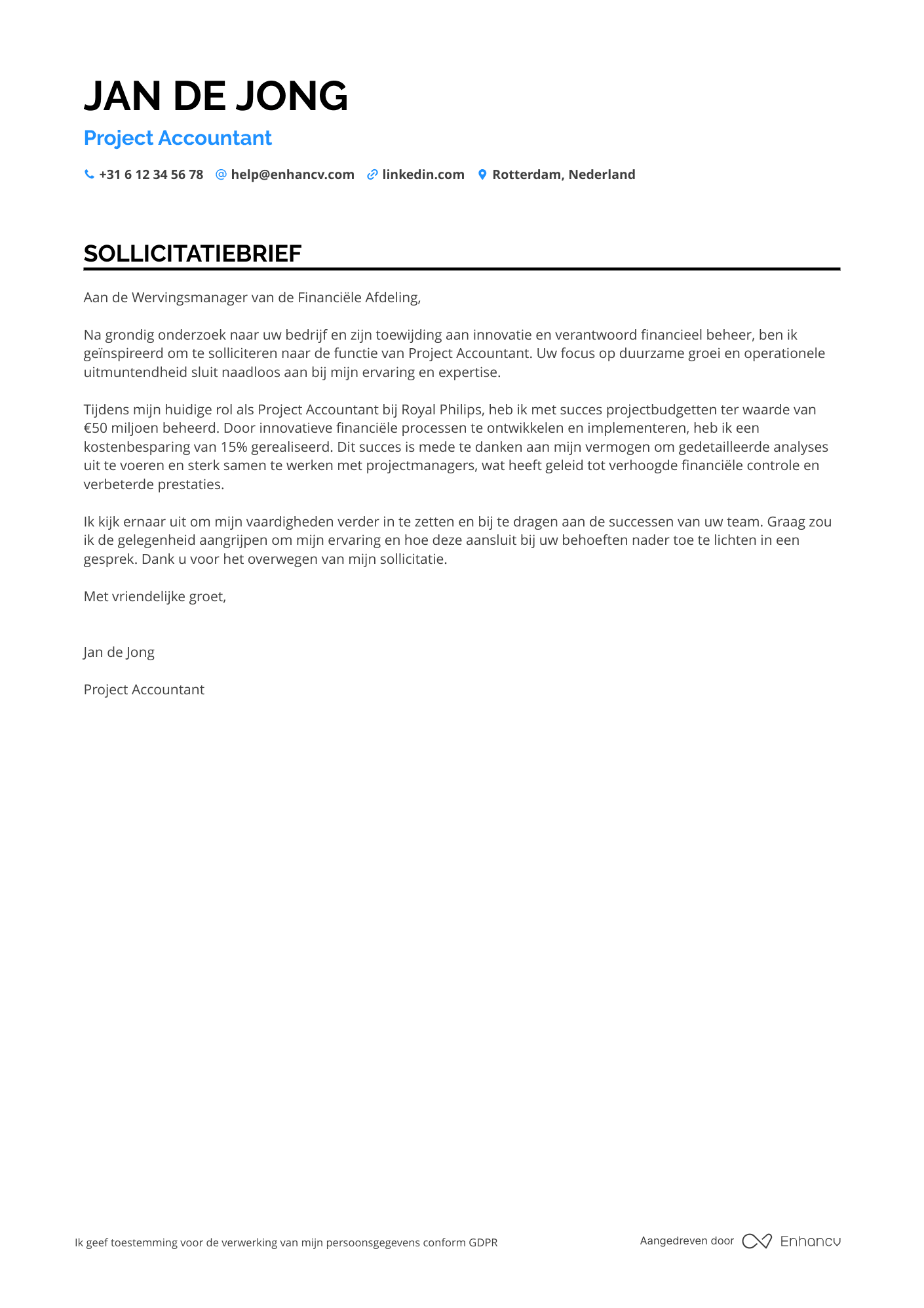 Sollicitatiebrief voor Project Accountant