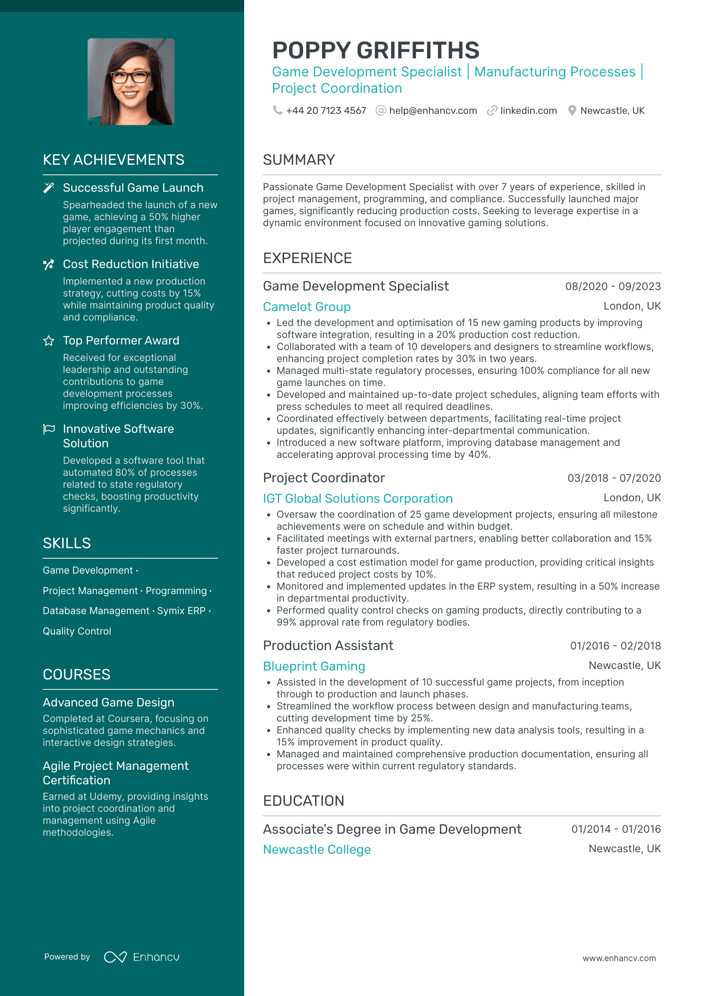 Game Developer Specialist CV Examples