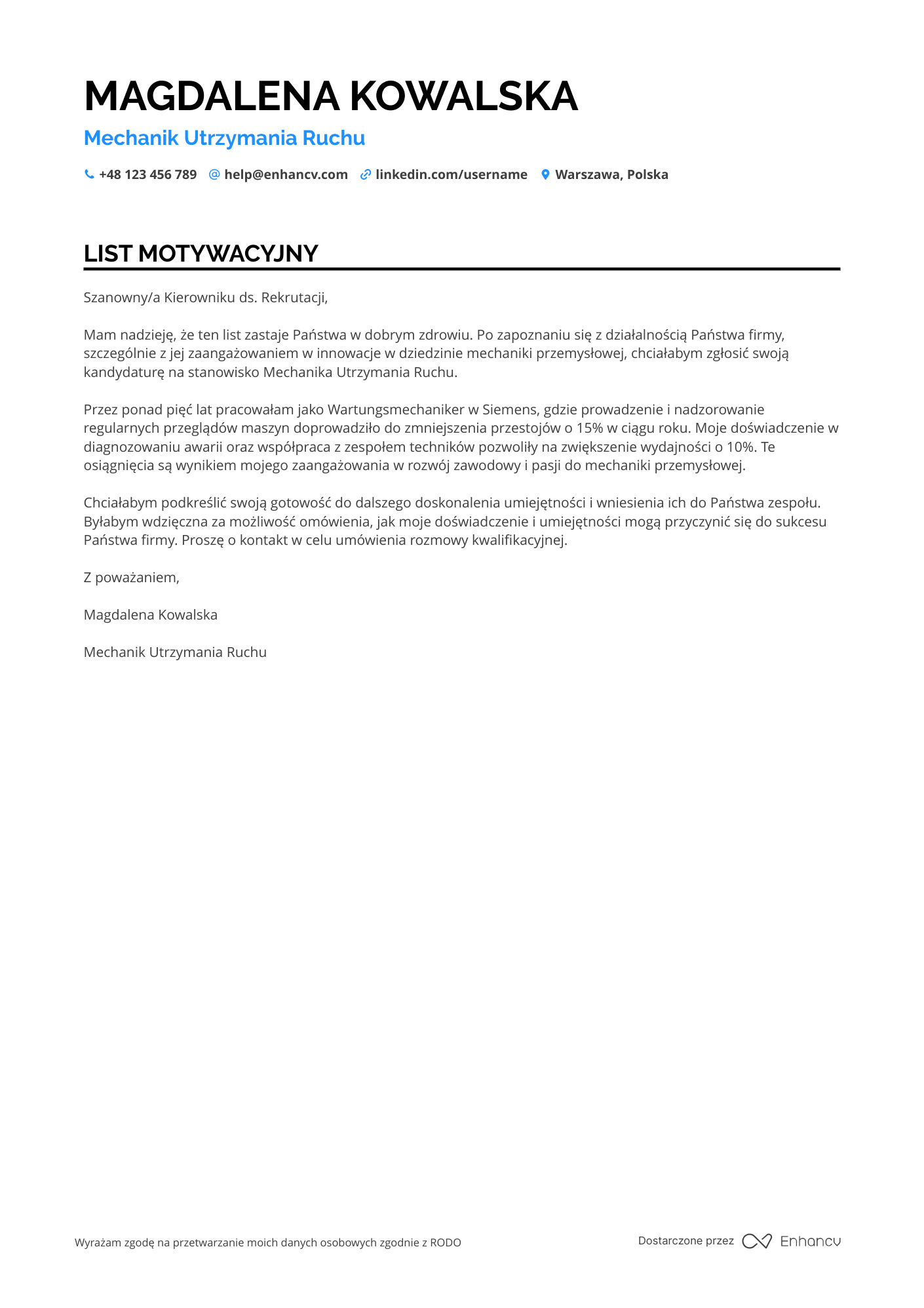 List motywacyjny dla Wartungsmechanik