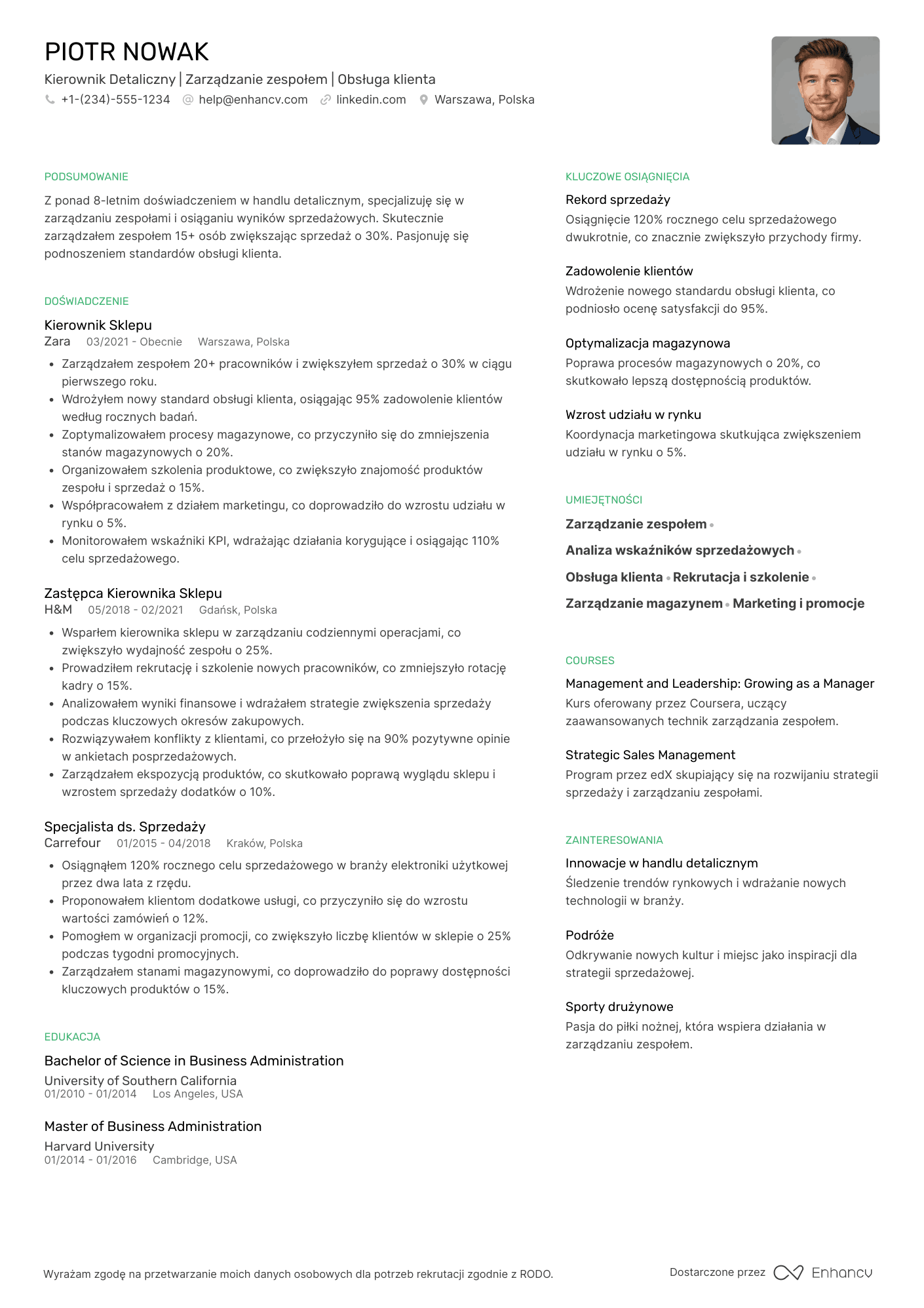CV dla Kierownik Detaliczny
