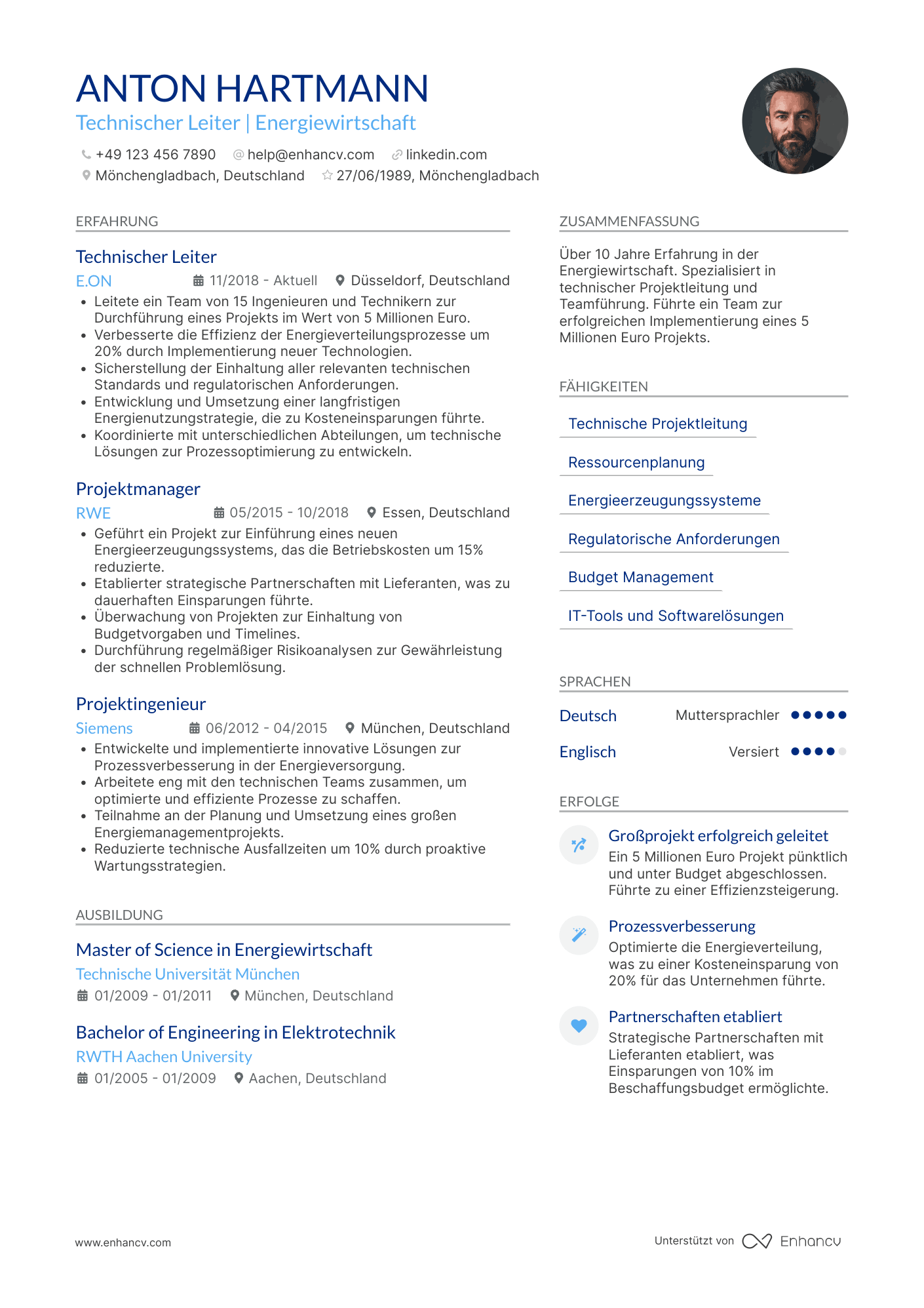 Lebenslauf in Technischer Leiter in der Energiewirtschaft