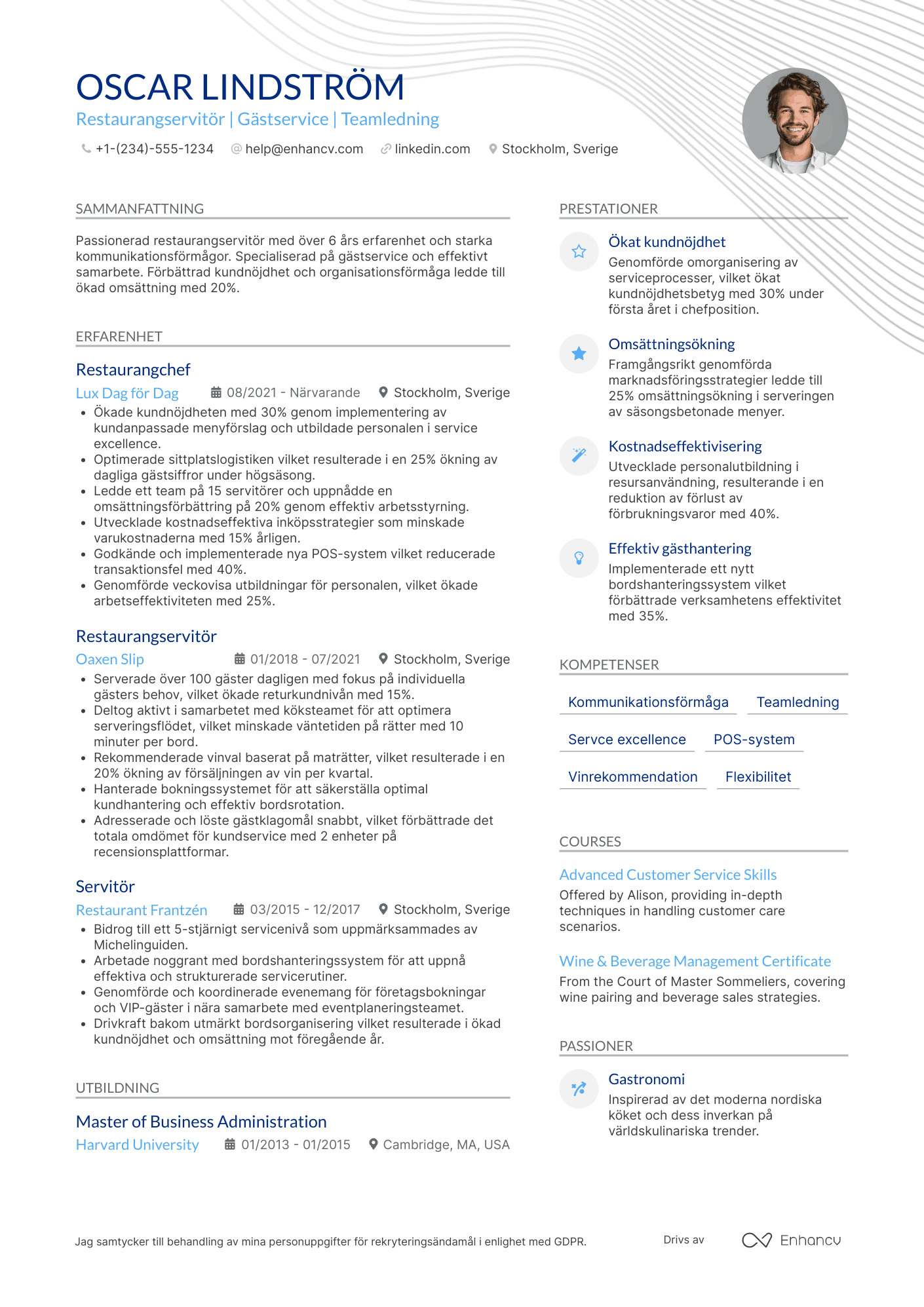 CV för Restaurangservitör