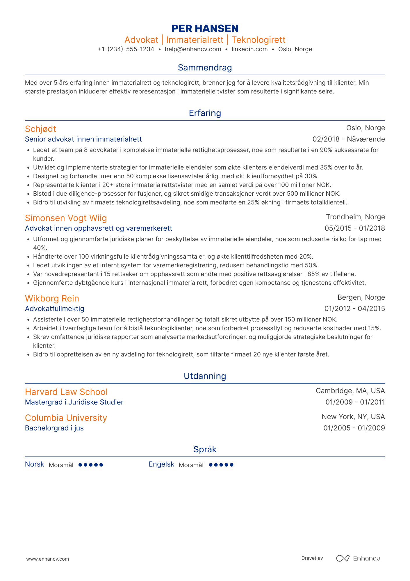 CV for Advokat for immaterialrett