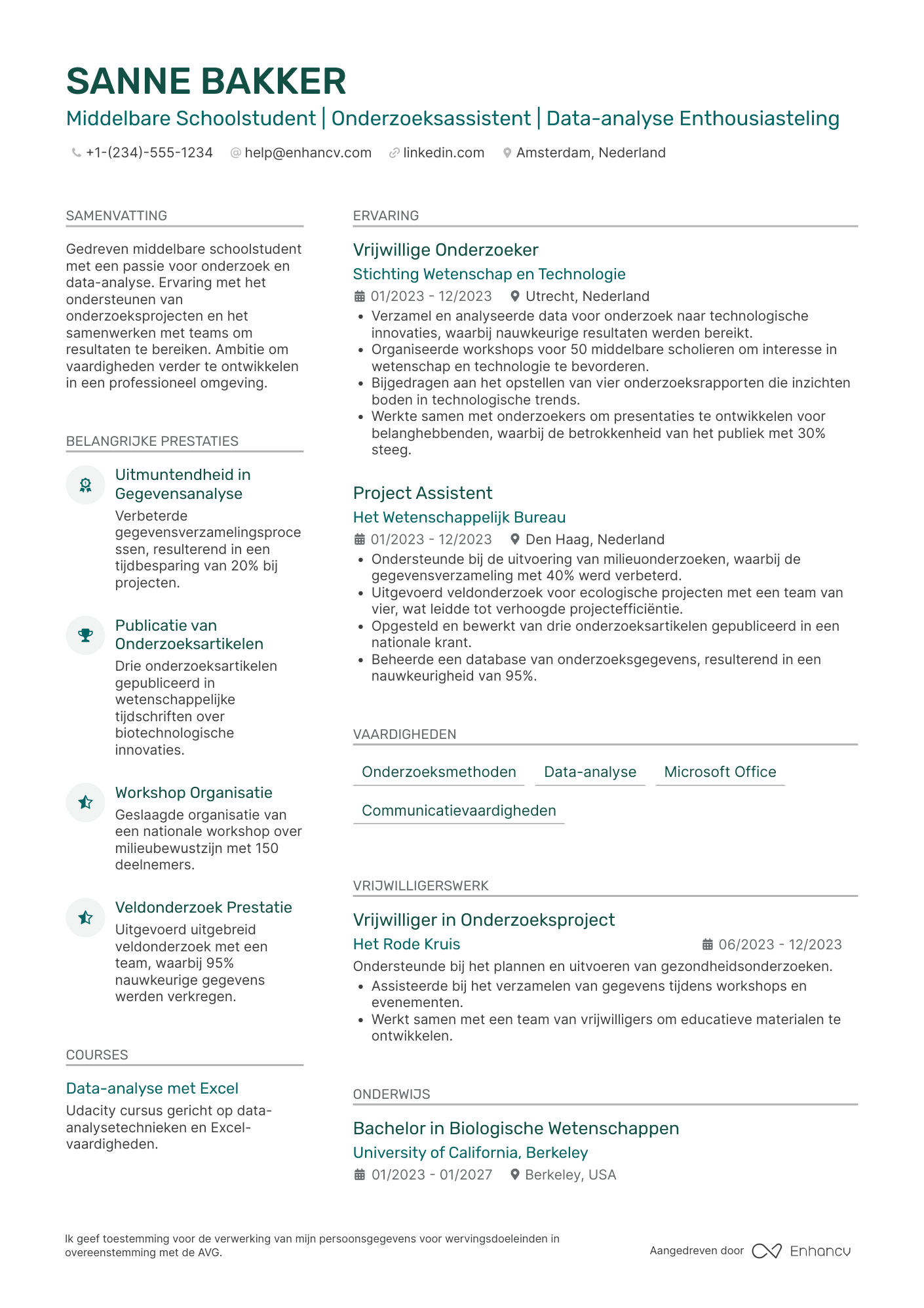 CV voor Middelbare School Student Research Assistant
