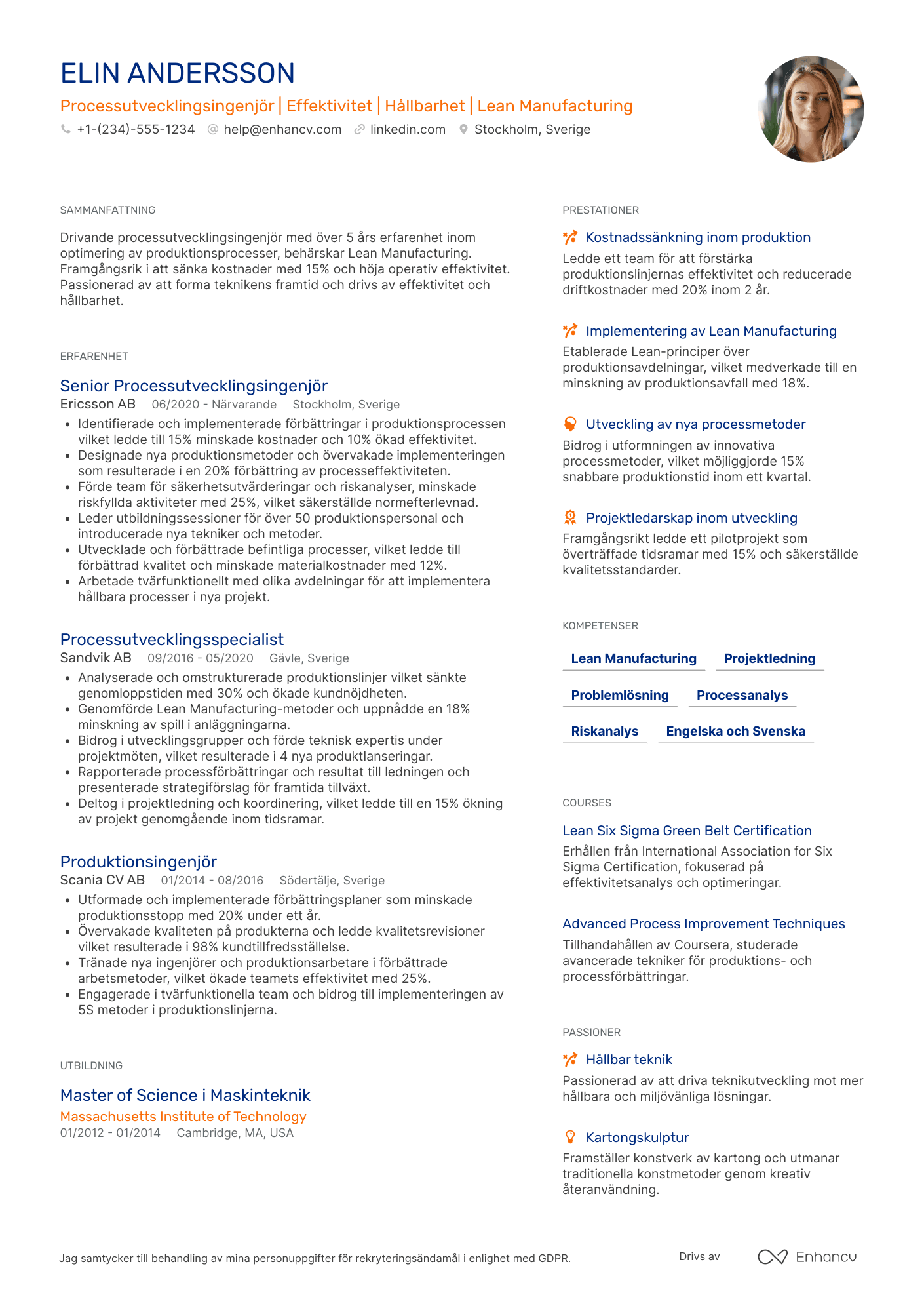 CV för Processutvecklingsingenjör