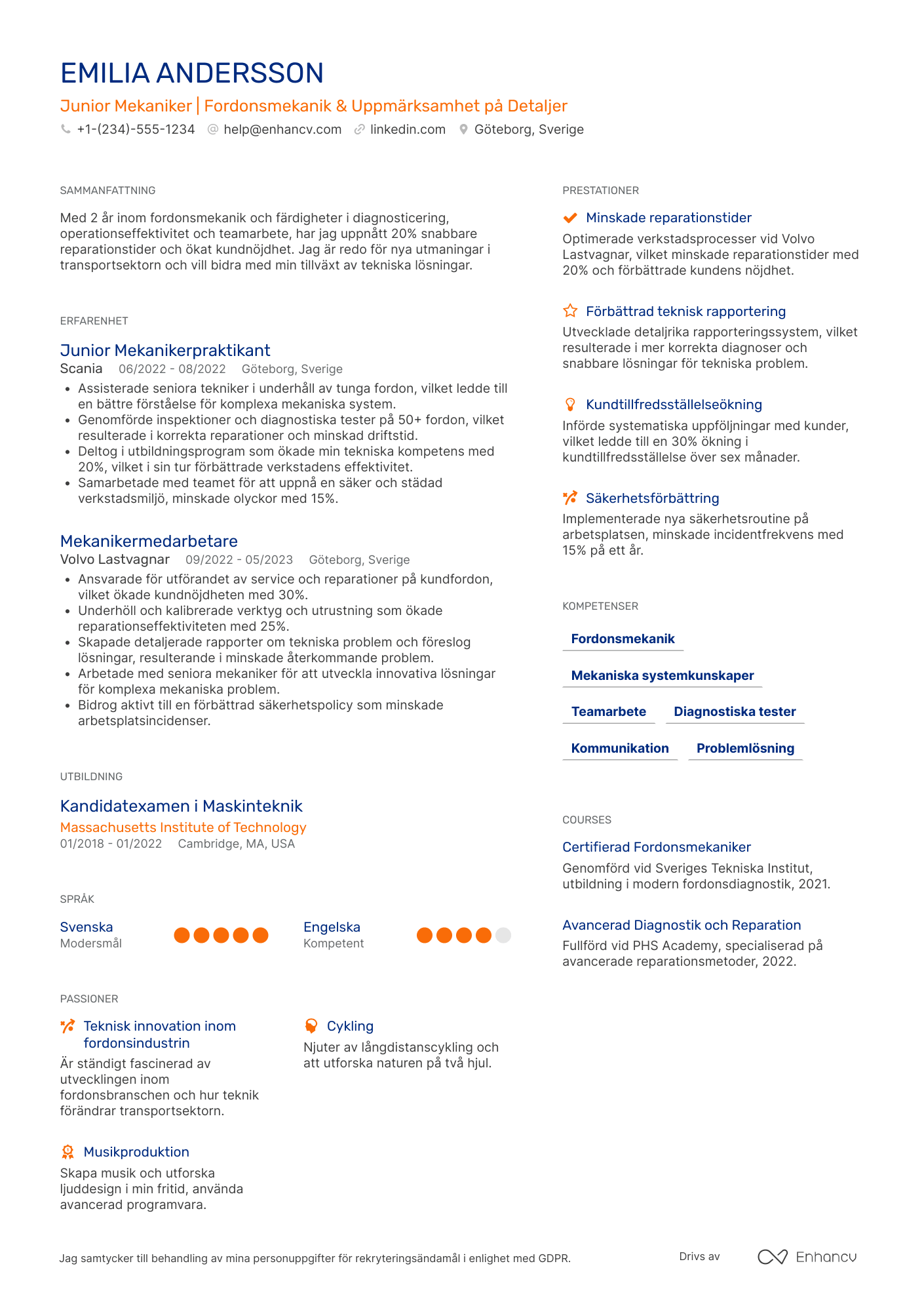 CV för Junior mekaniker