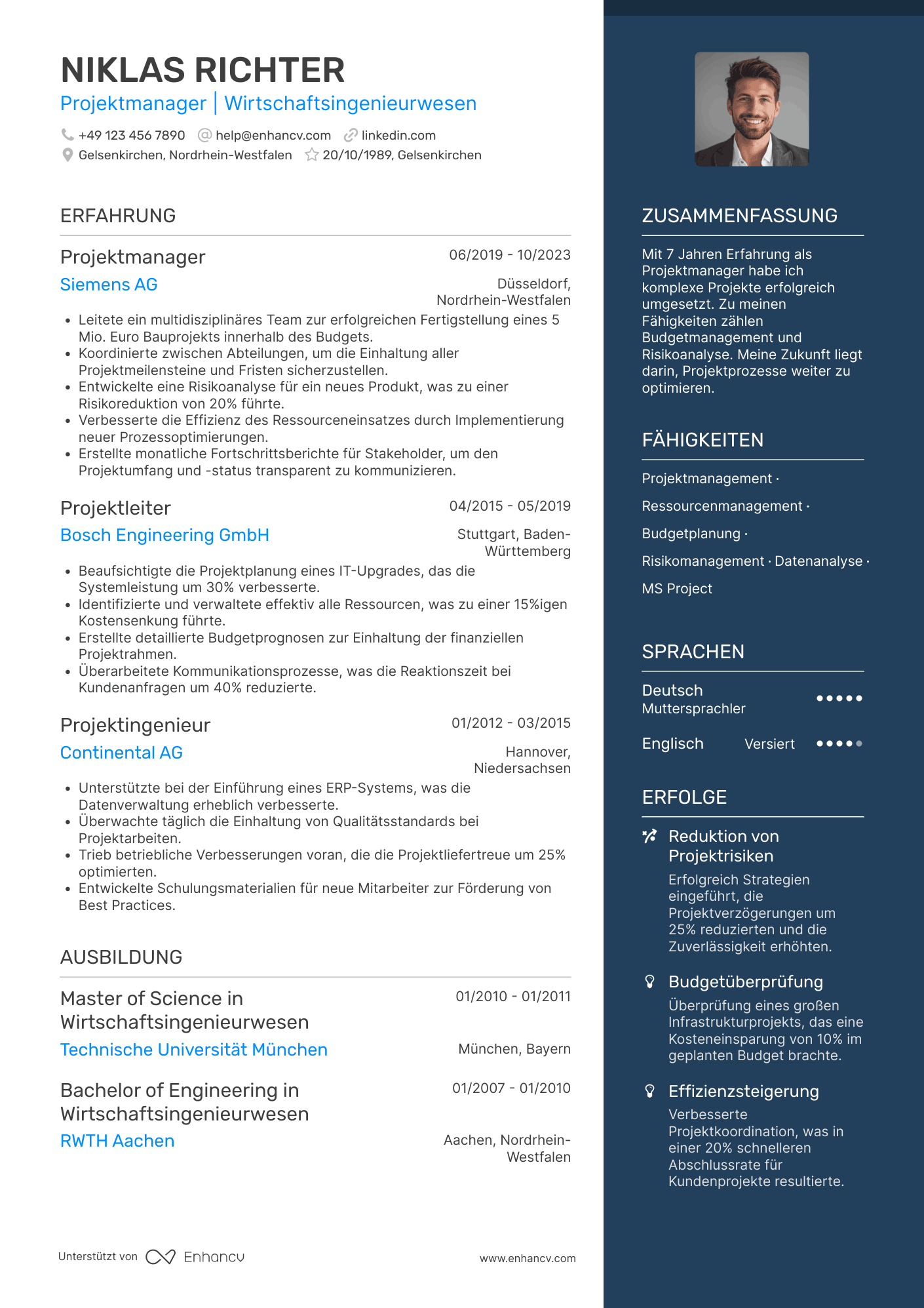 Lebenslauf als Wirtschaftsingenieur im Projektmanagement