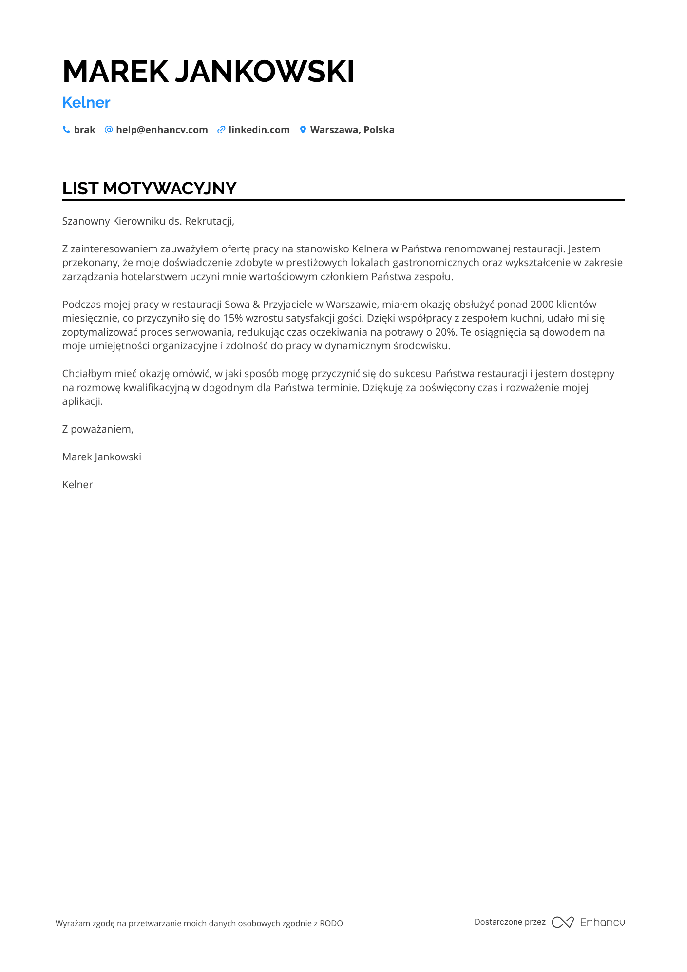List motywacyjny dla Kelner