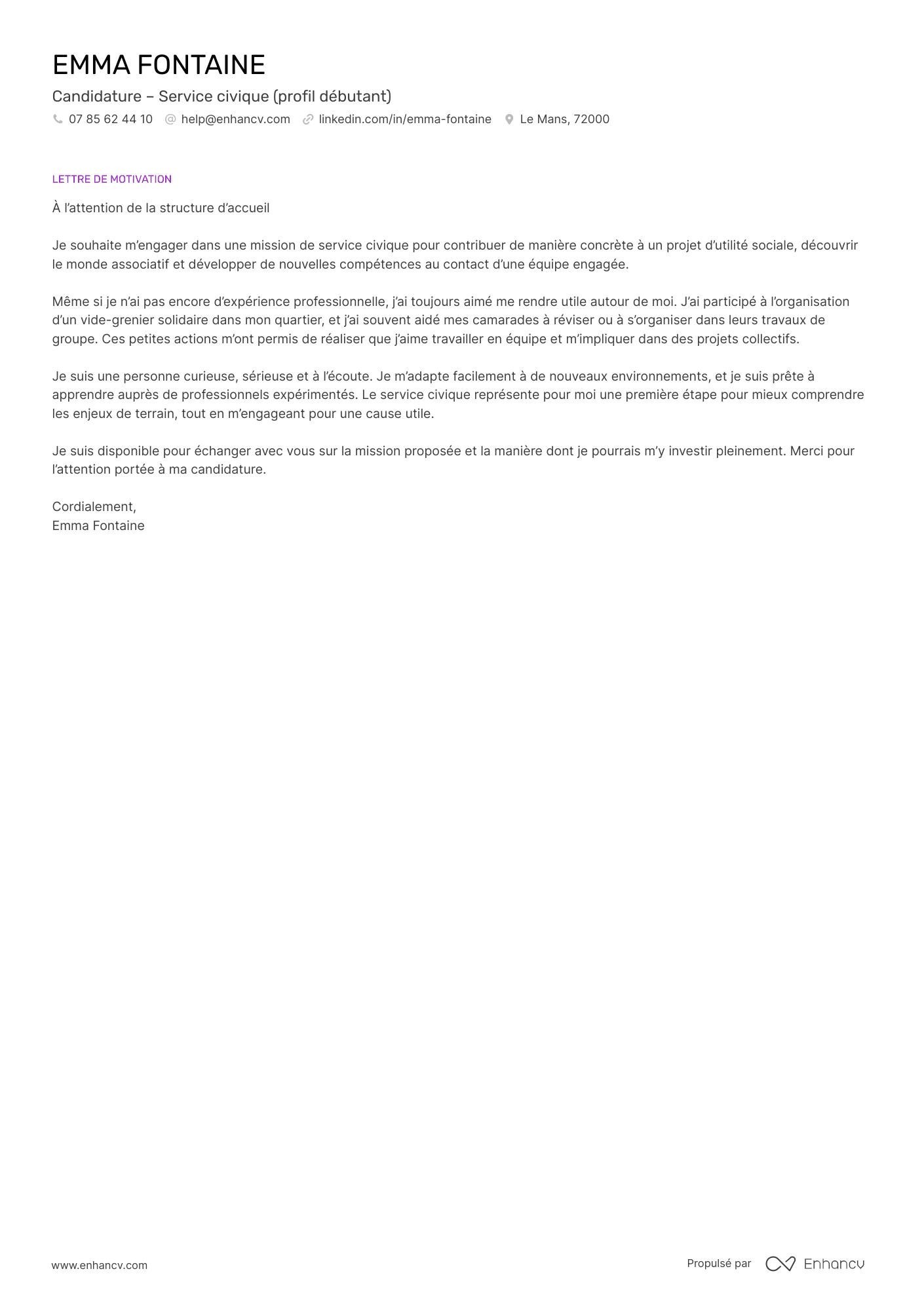 Exemple de lettre de motivation pour un service civique sans expérience