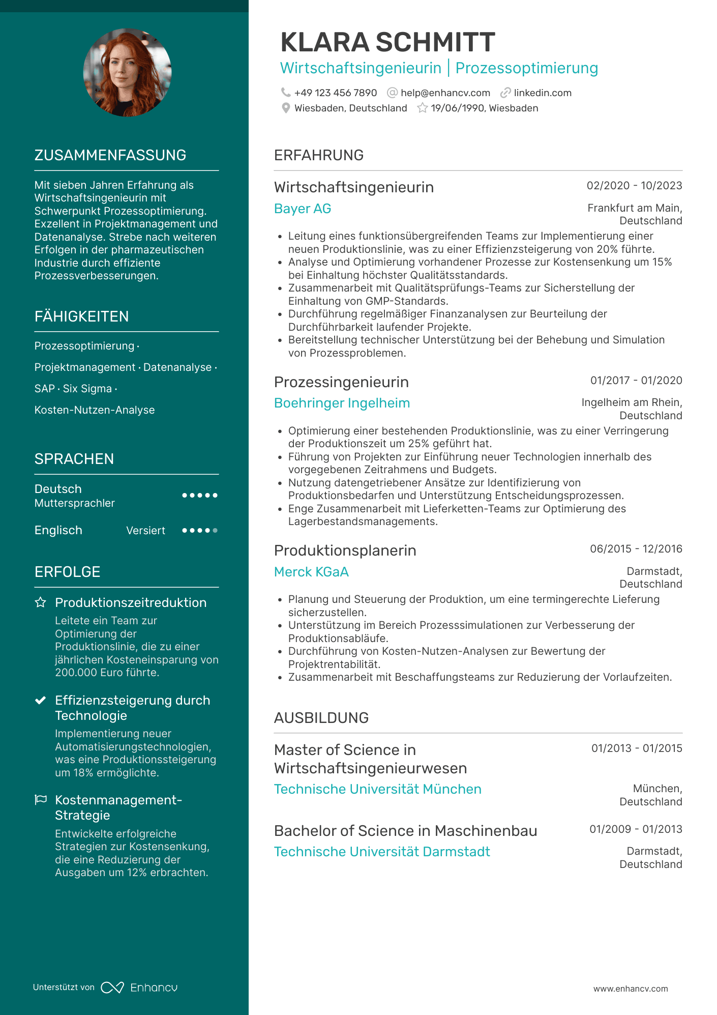 Lebenslauf in Wirtschaftsingenieur in der Pharmaindustrie