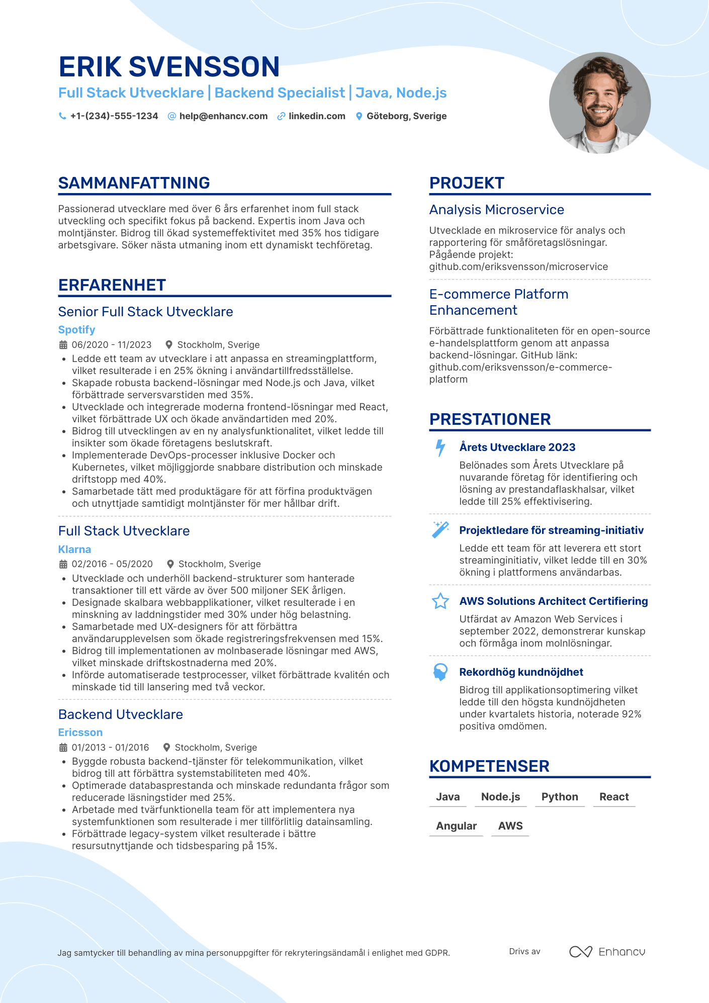 CV för Full Stack Utvecklare Backend fokuserad