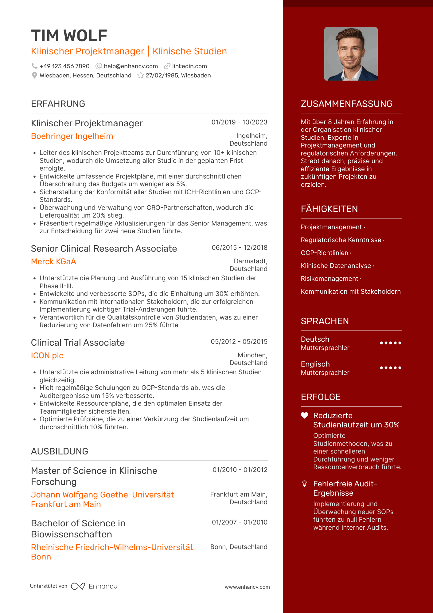 Lebenslauf als Klinischer Projektleiter