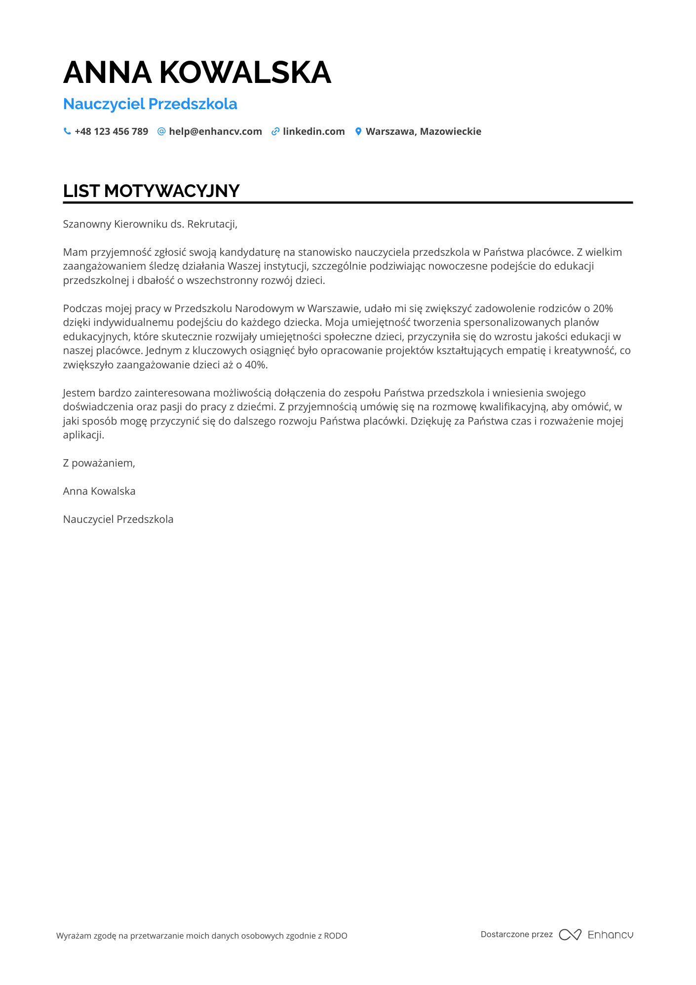 List motywacyjny dla Nauczyciel Przedszkola w Szkole Publicznej