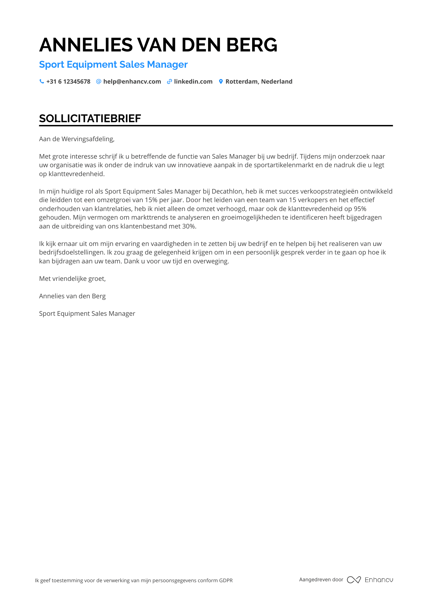 Sollicitatiebrief voor Sport Equipment Sales Manager