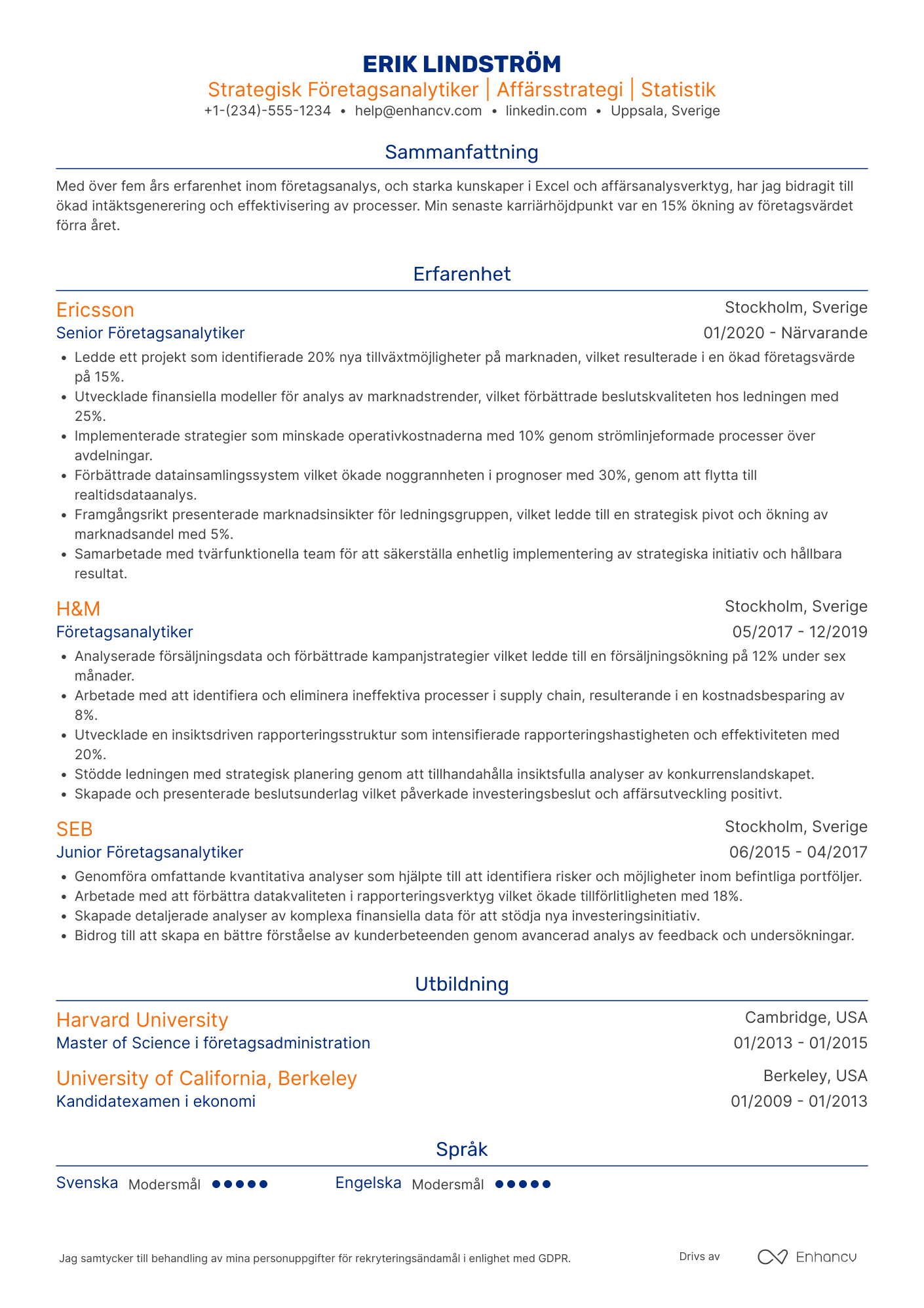 CV för Strategisk Företagsanalytiker