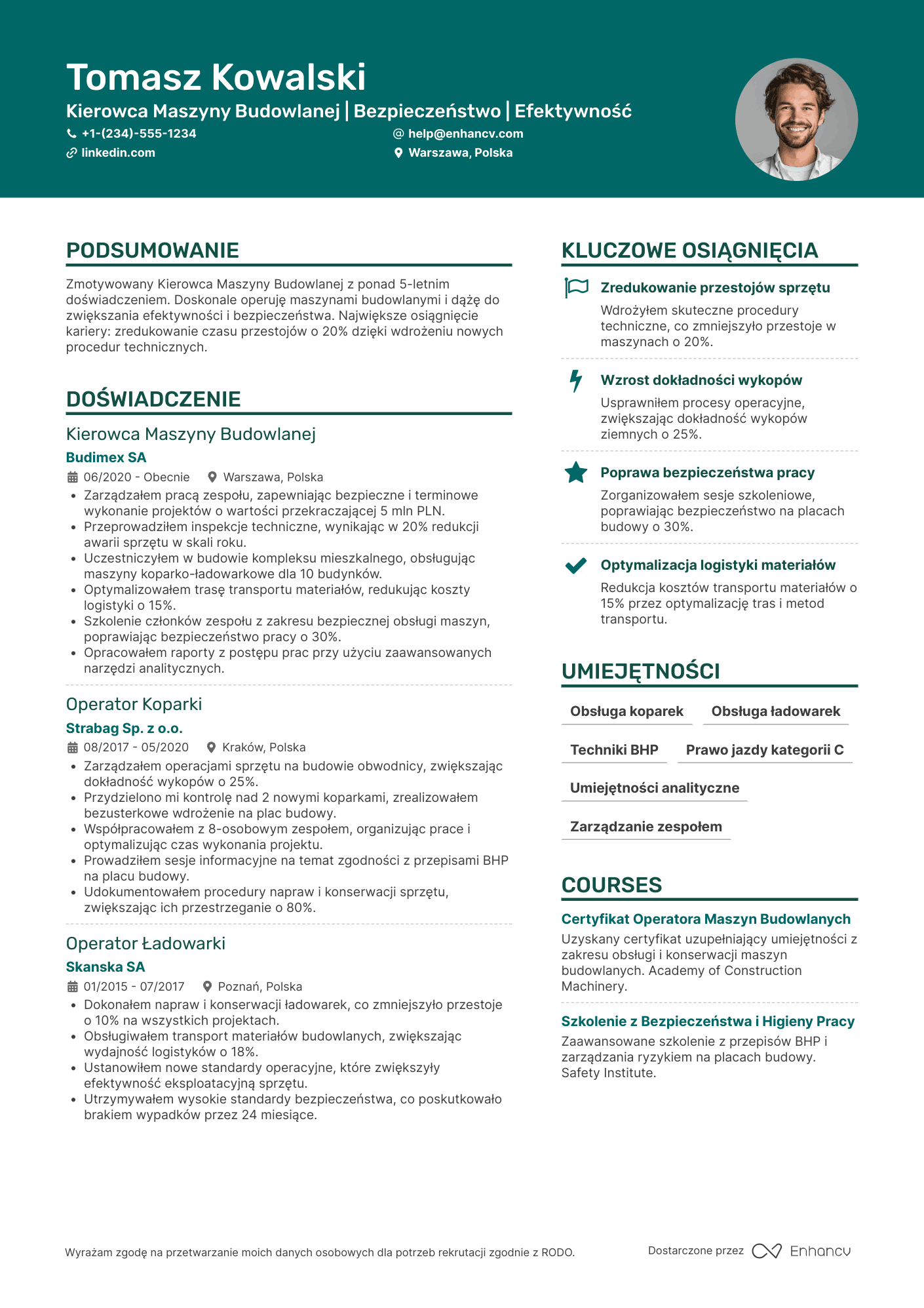 CV dla Kierowca maszyny budowlanej