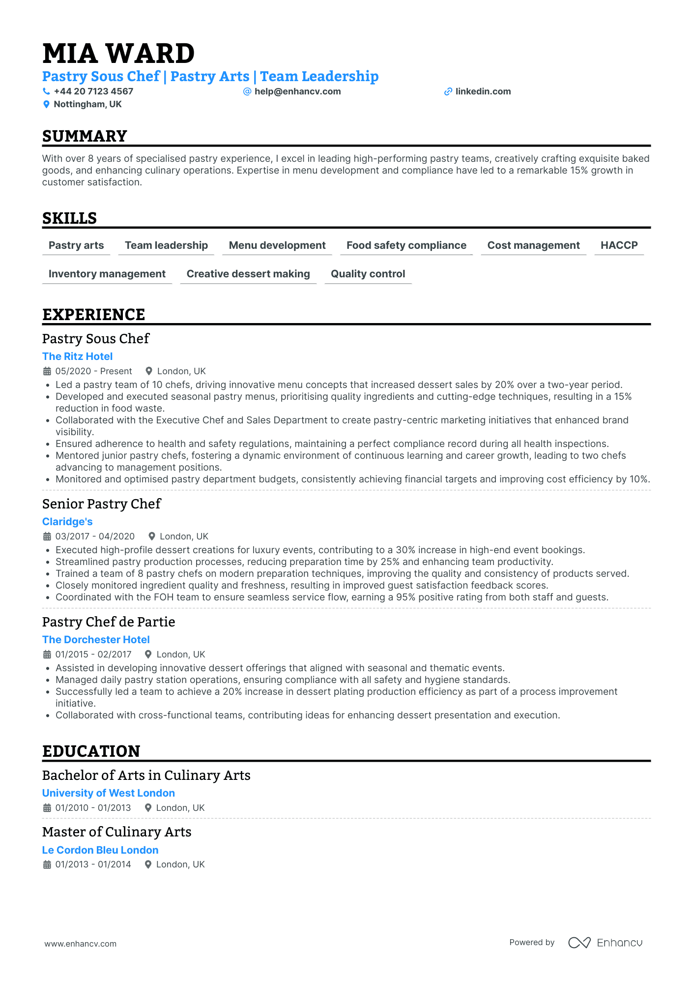 Pastry Chef Demonstrator CV Examples