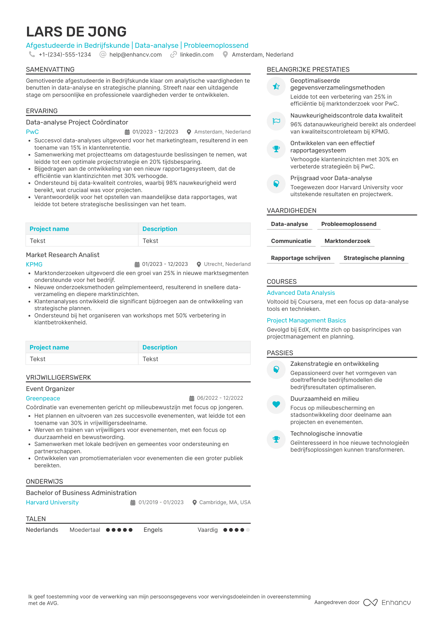 CV voor Afgestudeerde Student Stagiair