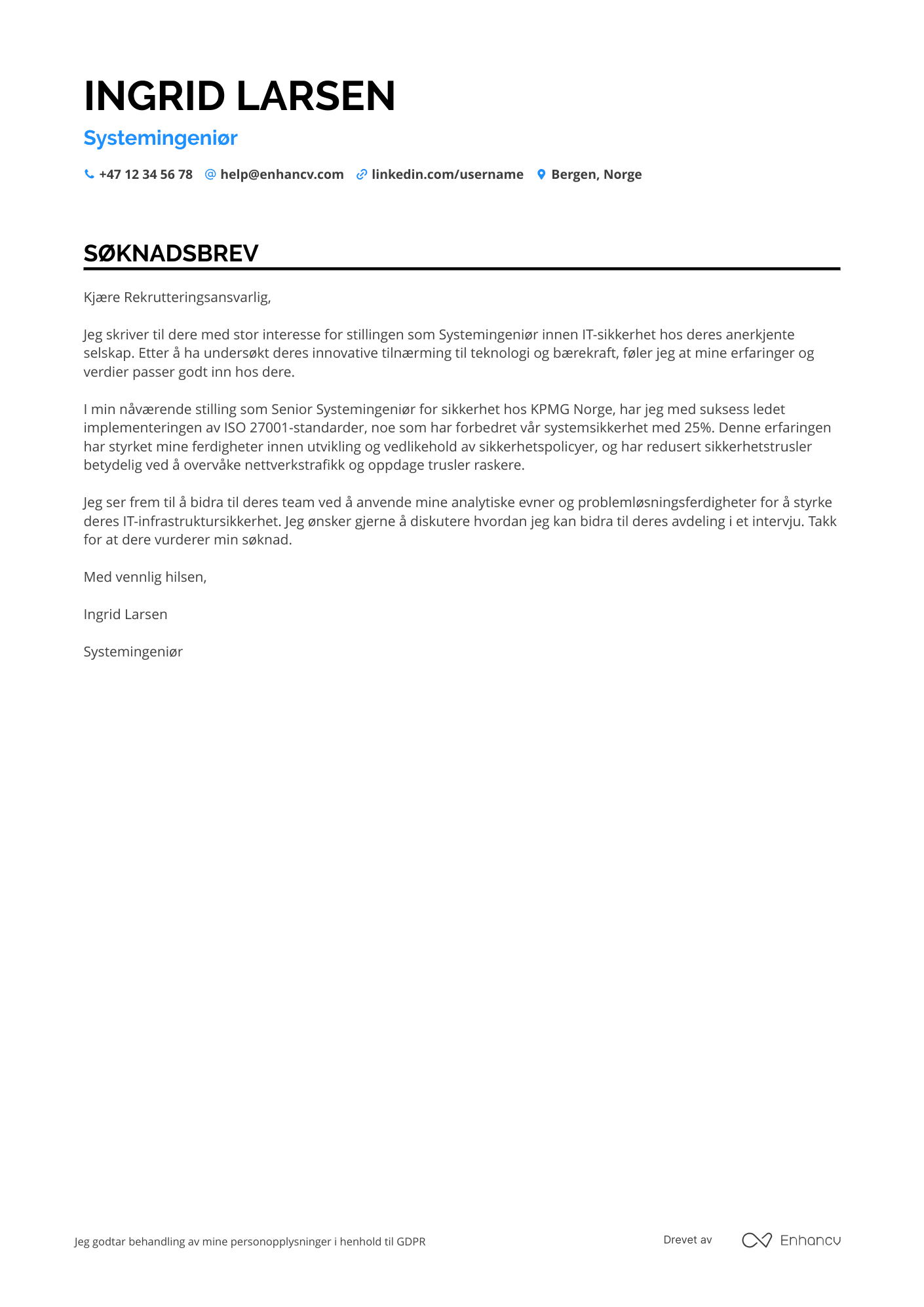 Søknadsbrev for Systemingeniør for sikkerhet