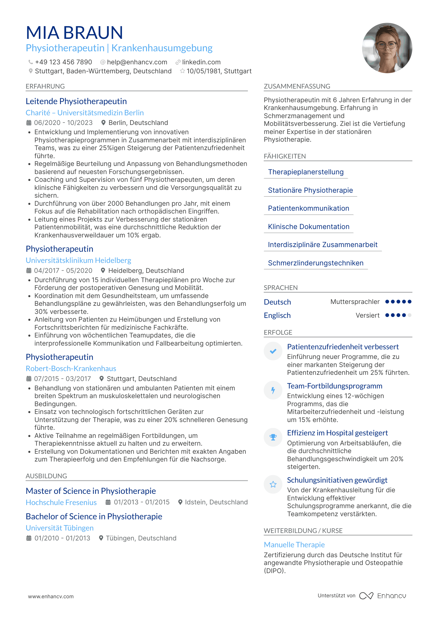 Lebenslauf in Physiotherapeut in einem Krankenhaus