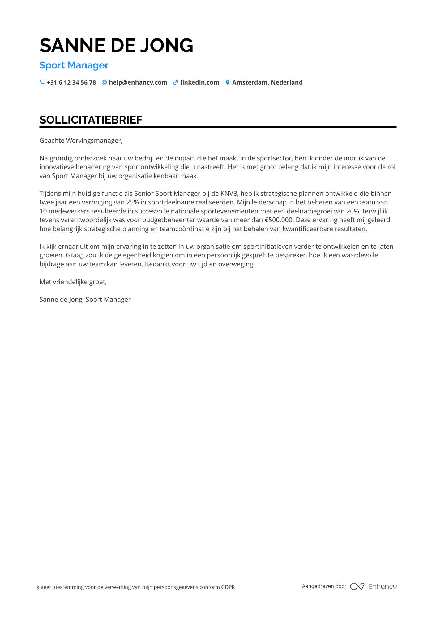 Sollicitatiebrief voor Experienced Sport Manager