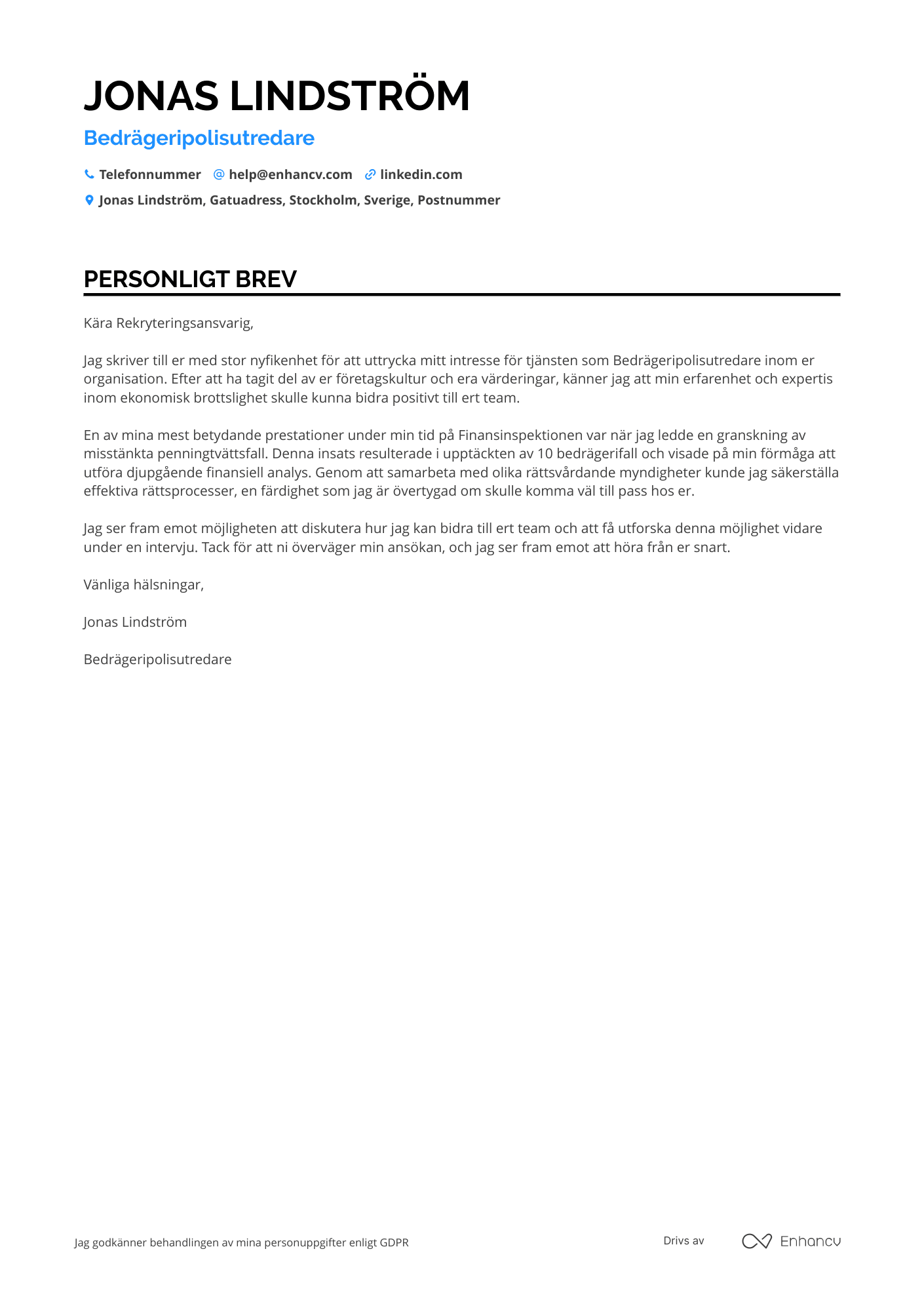 Personligt brev för Bedrägeripolisutredare