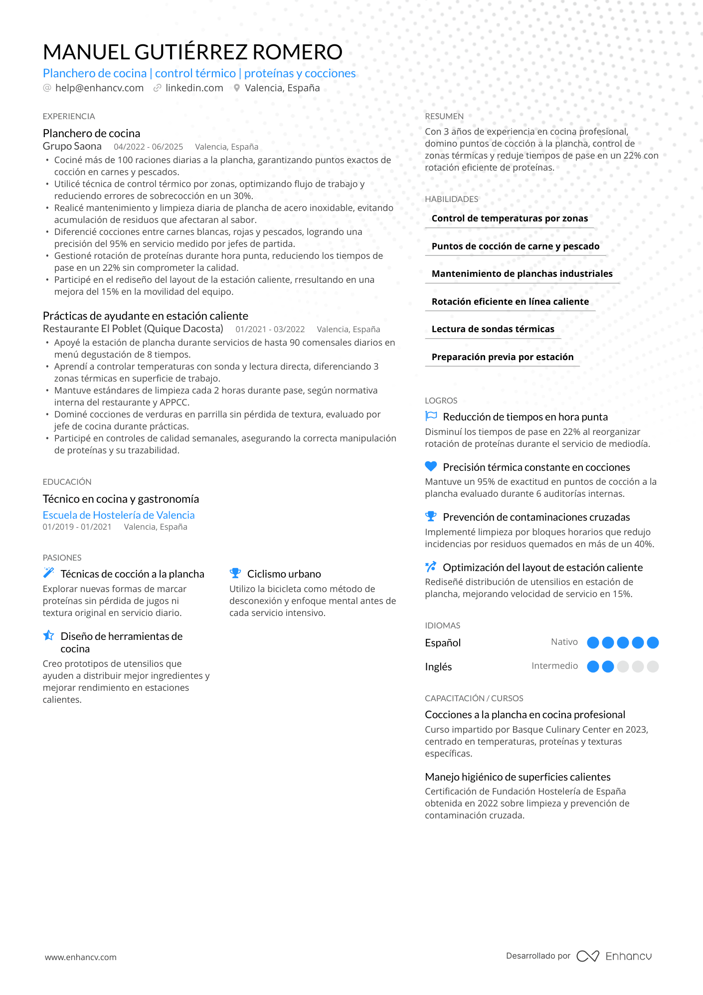 Ejemplo de currículum de planchero de cocina