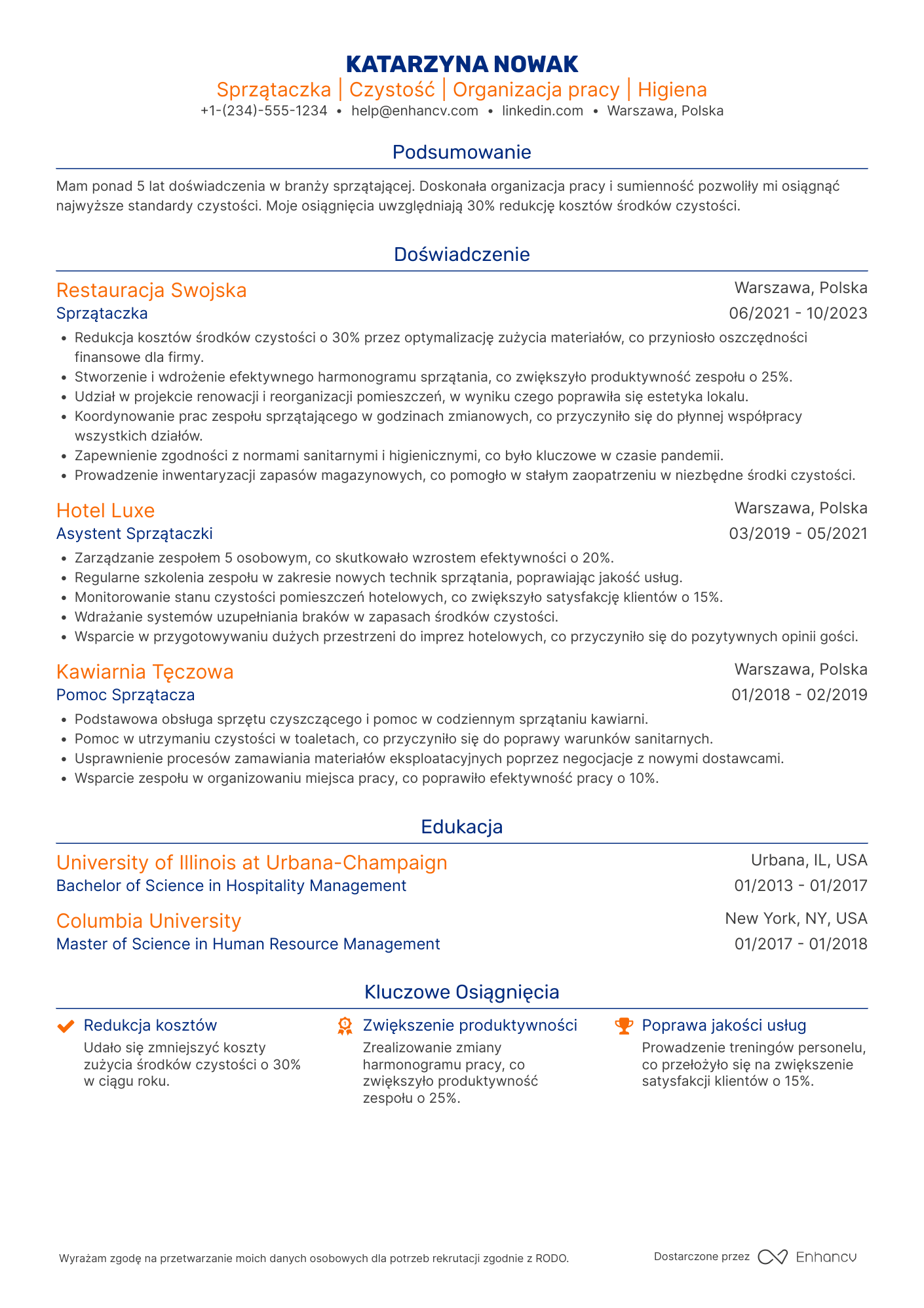 CV dla Sprzątaczka w restauracji