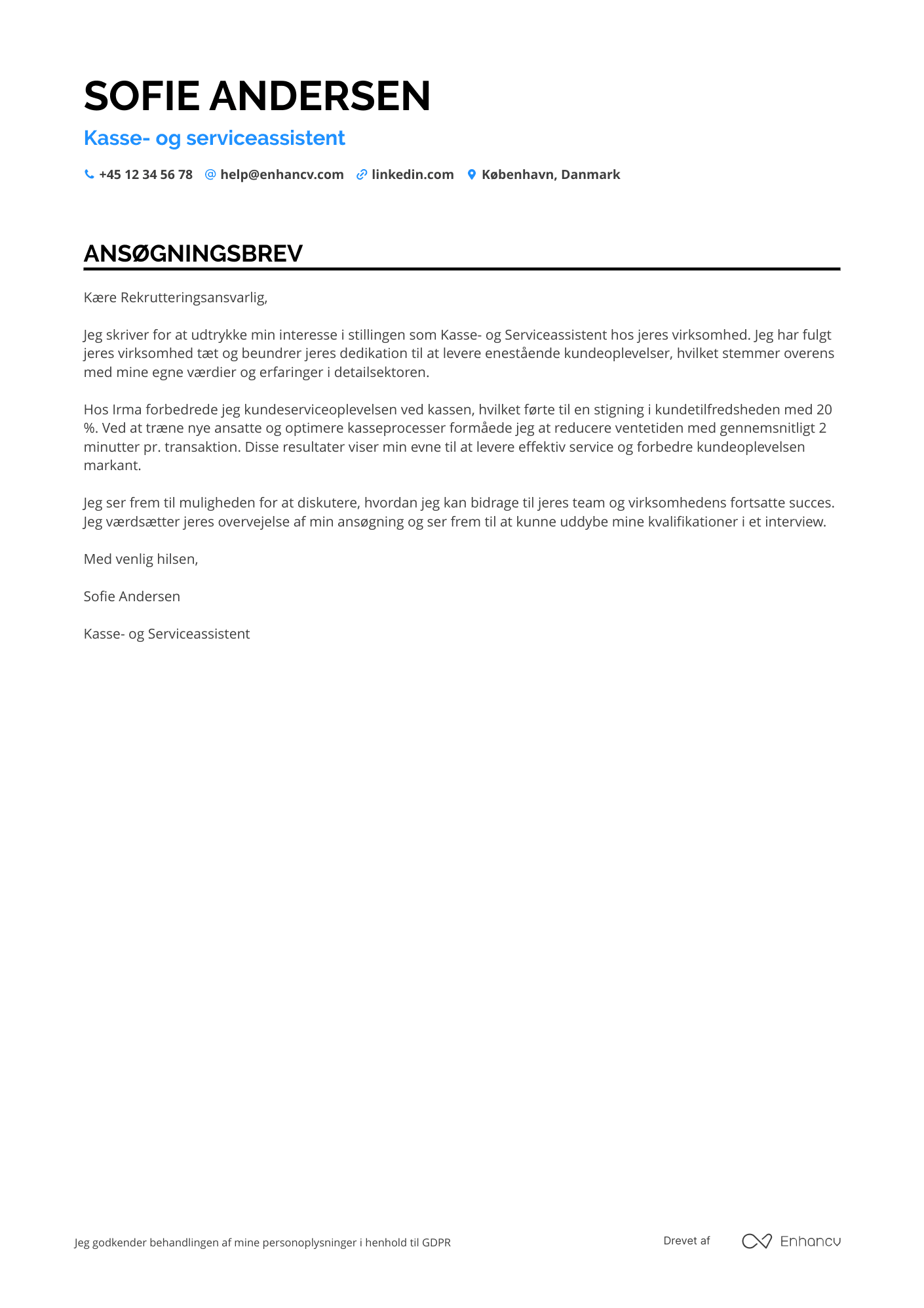 Ansøgningsbrev til Kasse  og serviceassistent