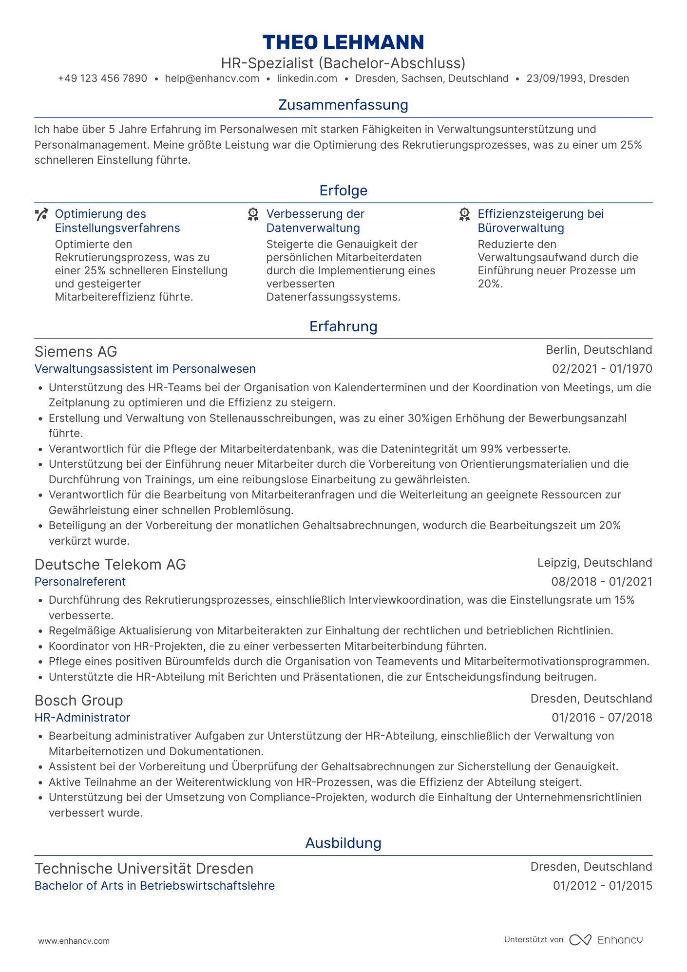 Lebenslauf als Verwaltungsassistent für Personalwesen