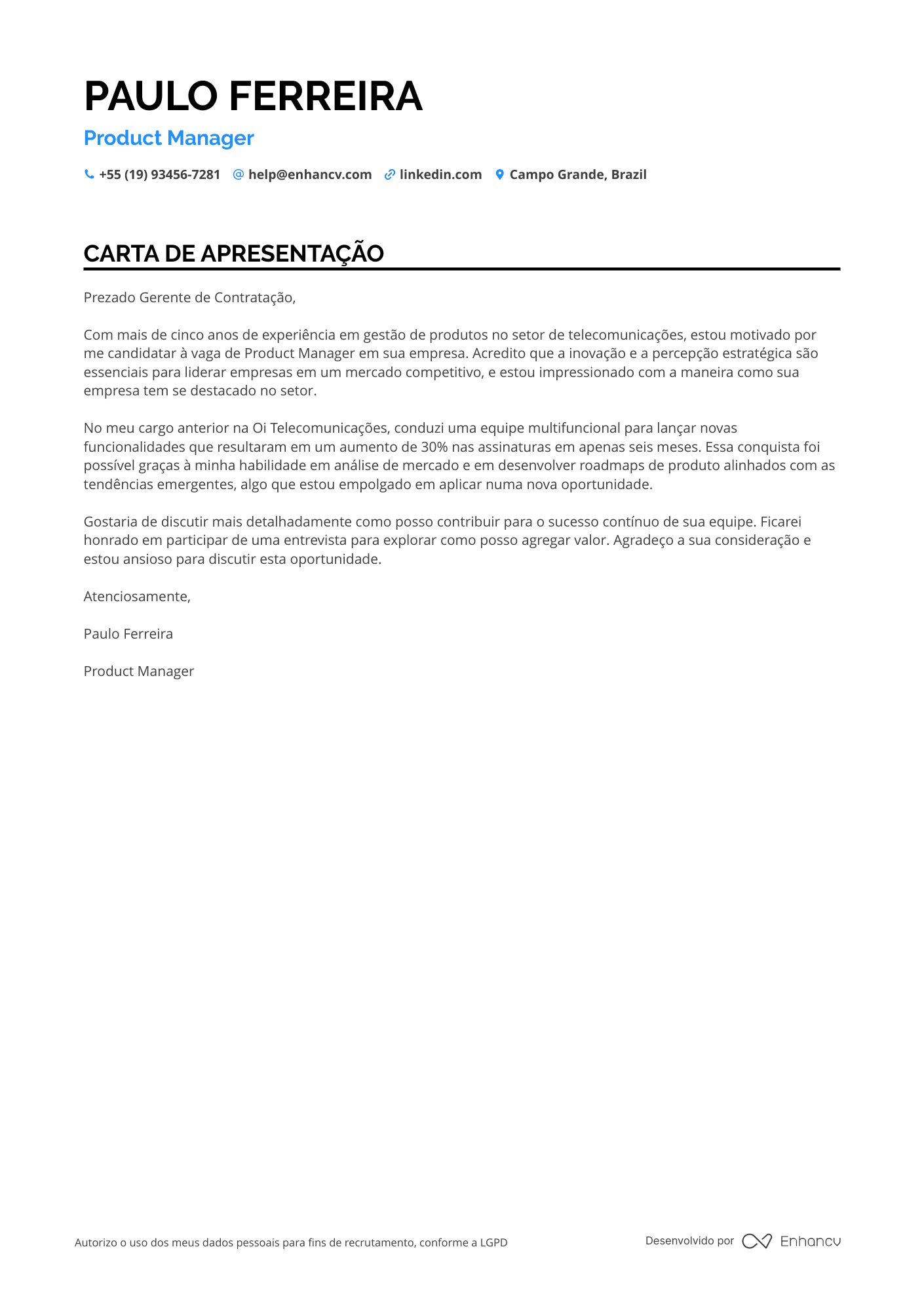 Gerente de Produto de Telecomunicações