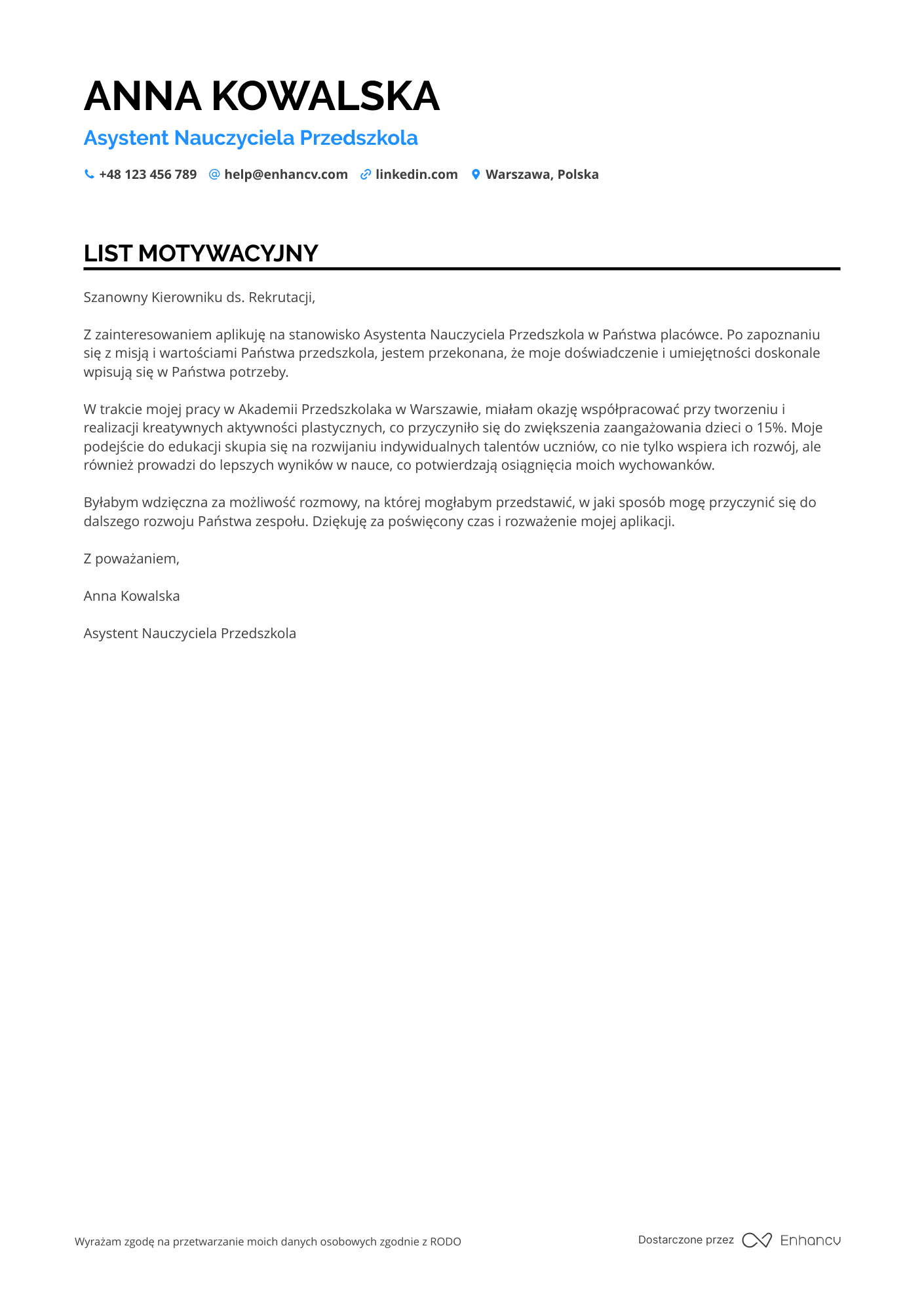 List motywacyjny dla Asystent Nauczyciela Przedszkola