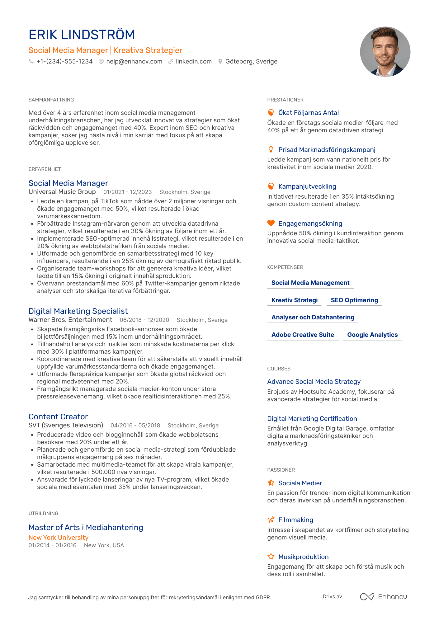 CV för Social Media Manager for Entertainment