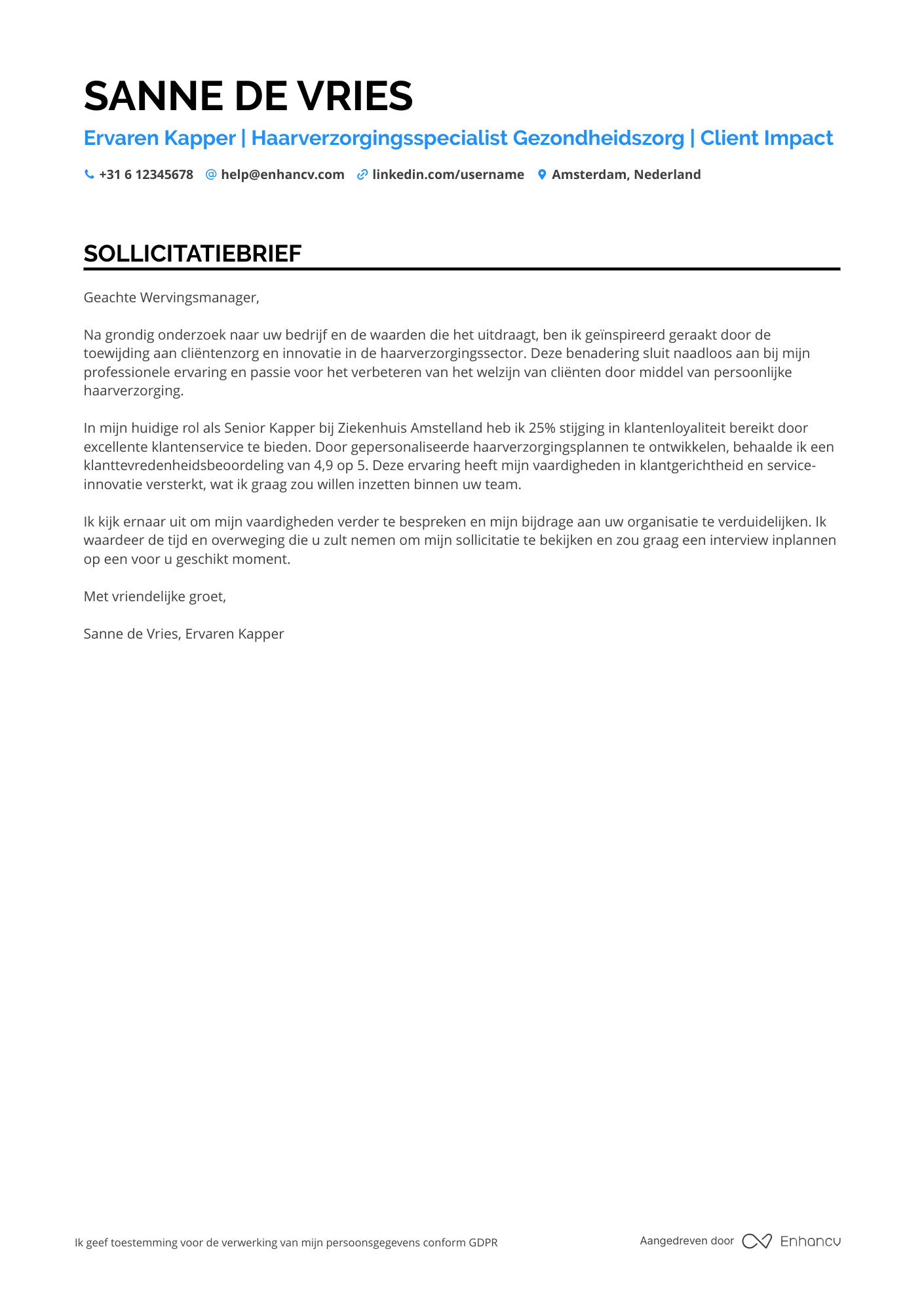 Sollicitatiebrief voor Kapper in Gezondheidszorg