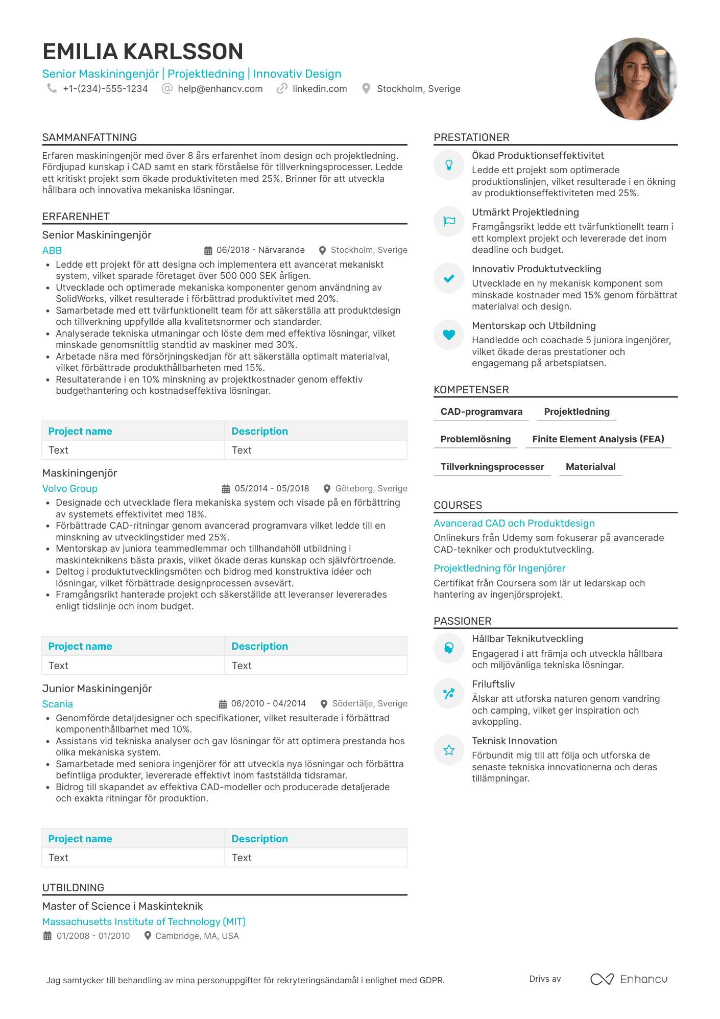 CV för Senior Maskiningenjör