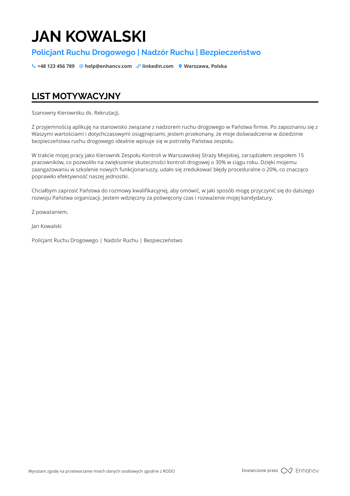 List motywacyjny dla Policjant Ruchu Drogowego