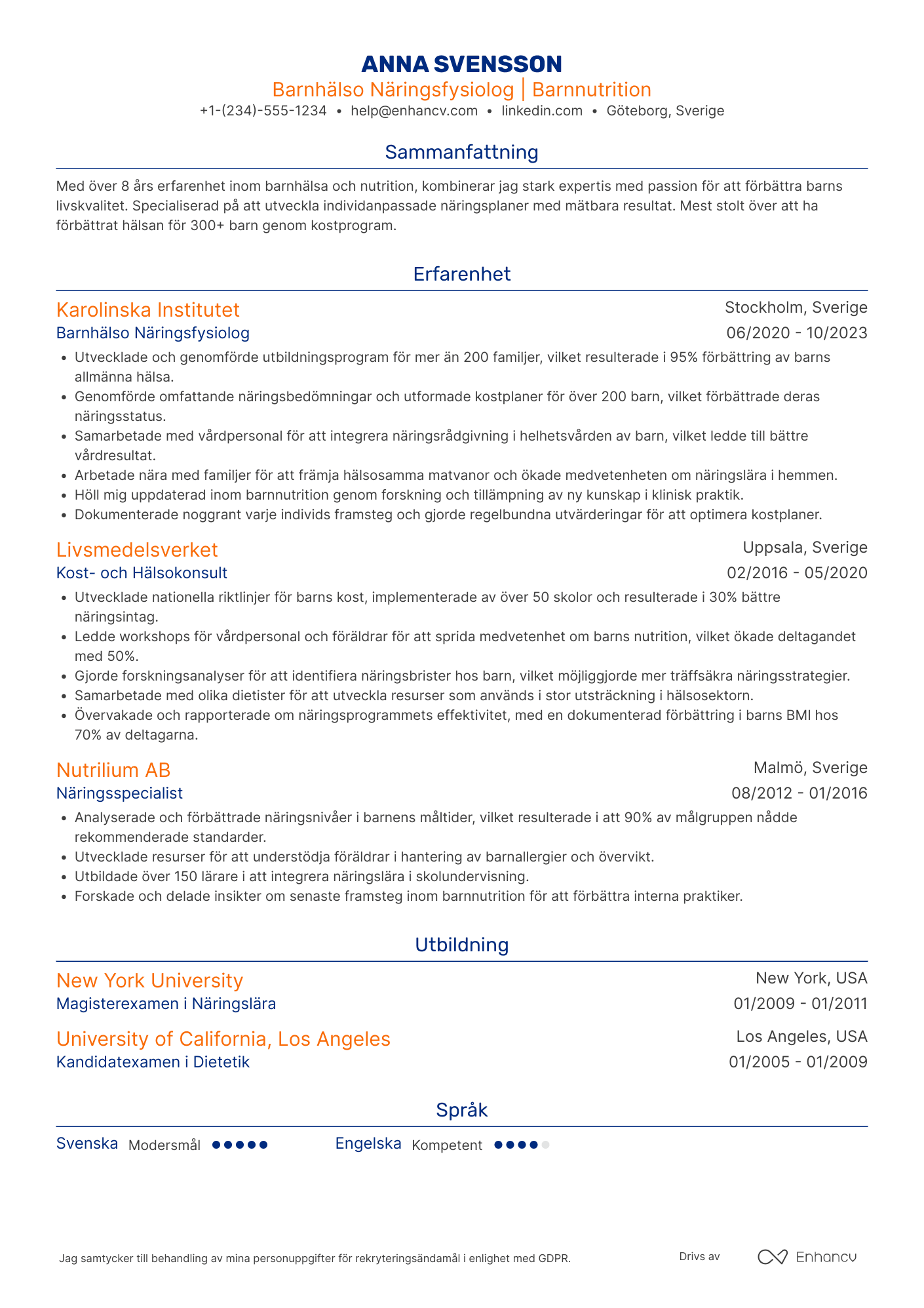 CV för Barnhälso Näringsfysiolog