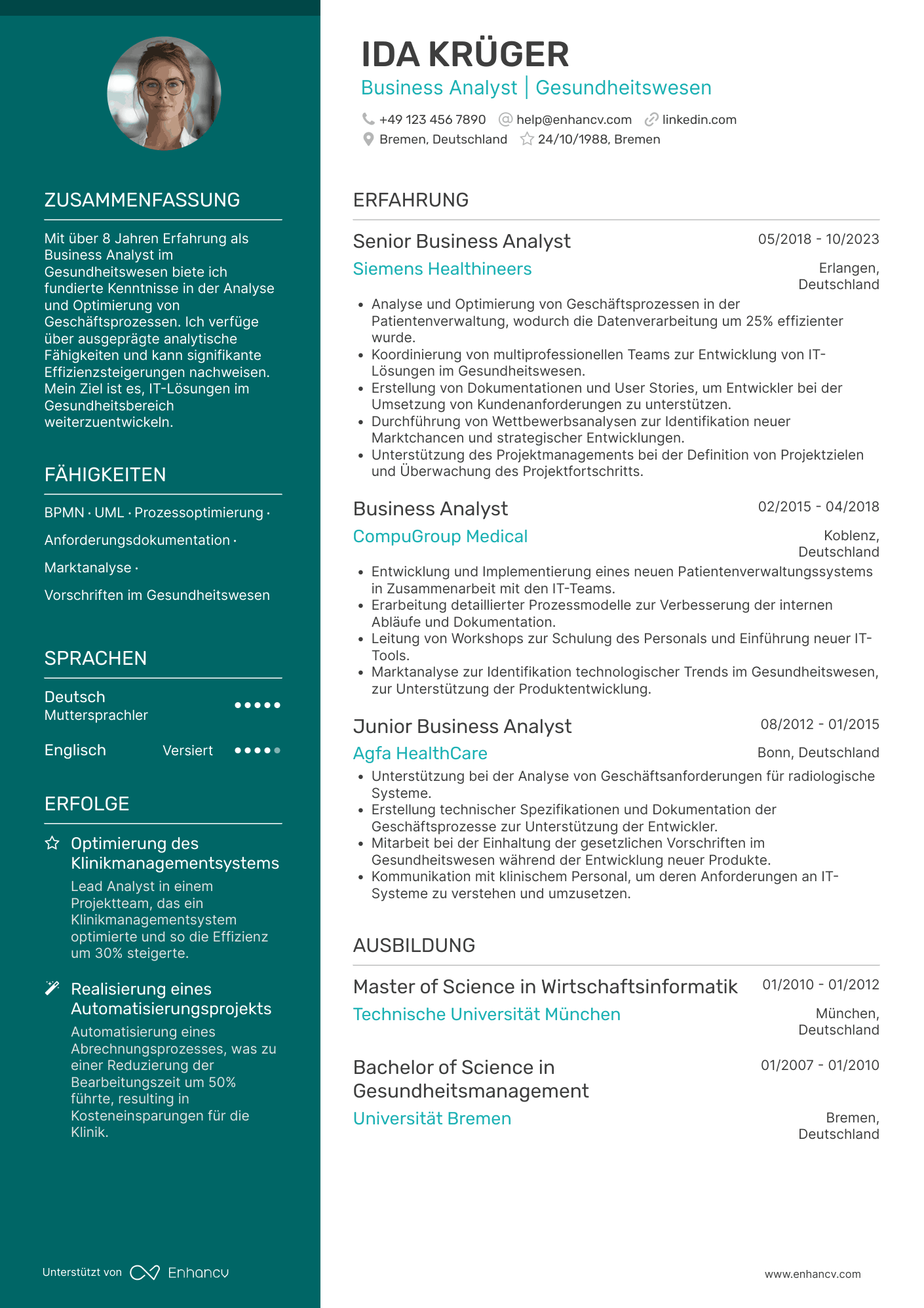 Lebenslauf in Business Analyst für Gesundheitswesen