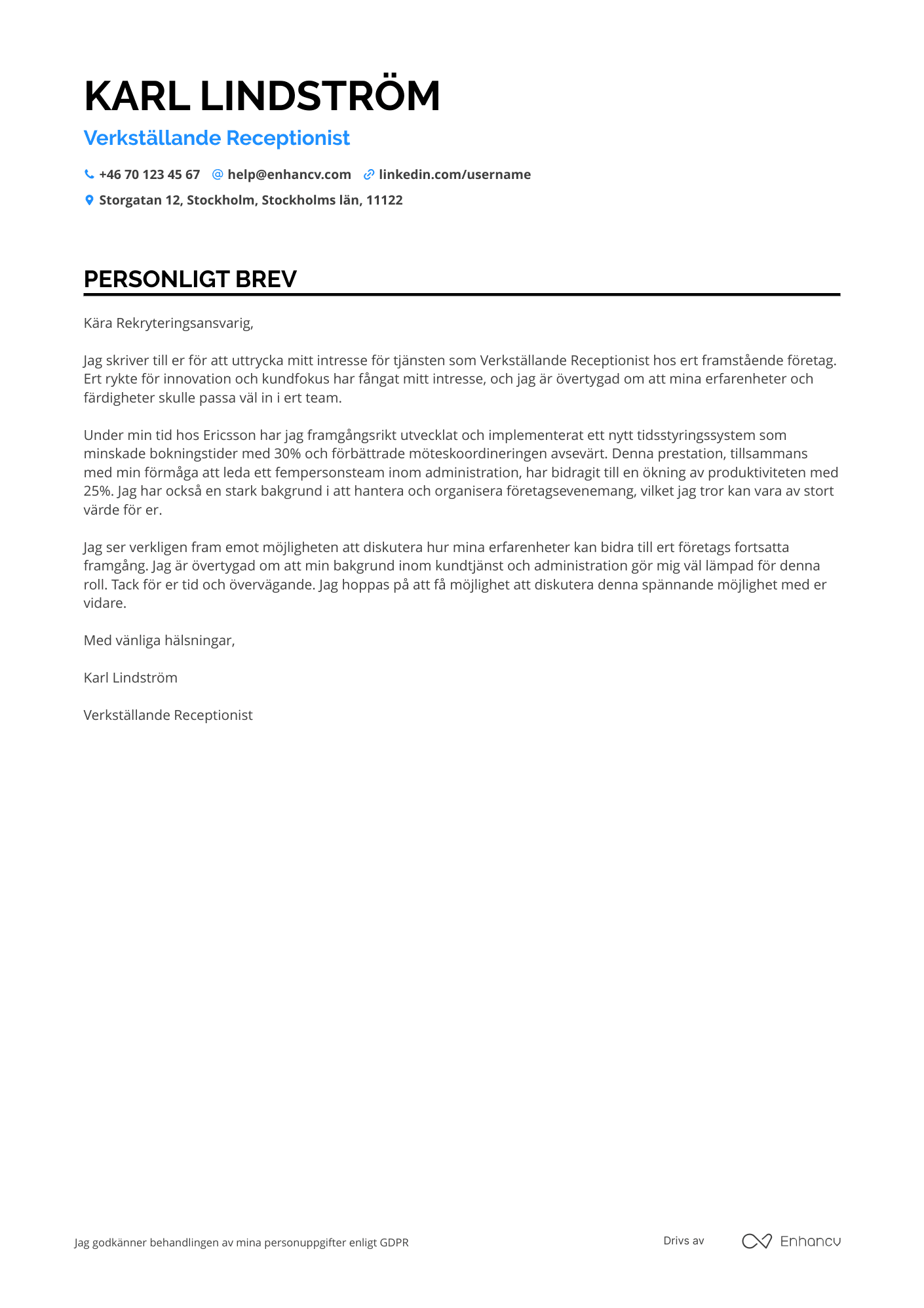 Personligt brev för Executive Receptionist