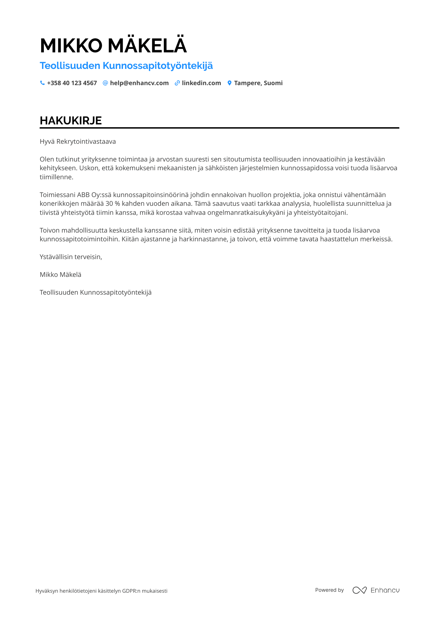 Hakukirje Teollisuustyöntekijä Kunnossapito