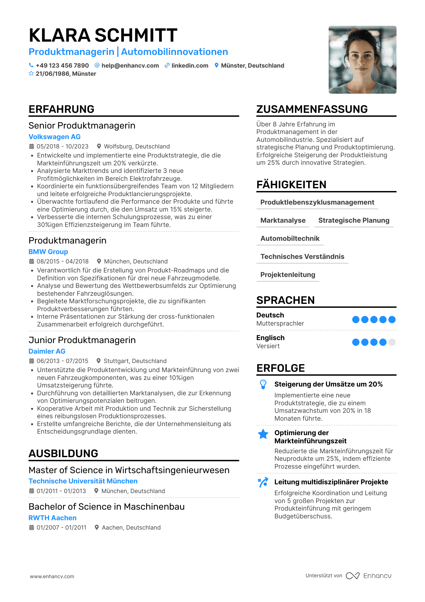 Lebenslauf in Produktmanager in der Automobilindustrie