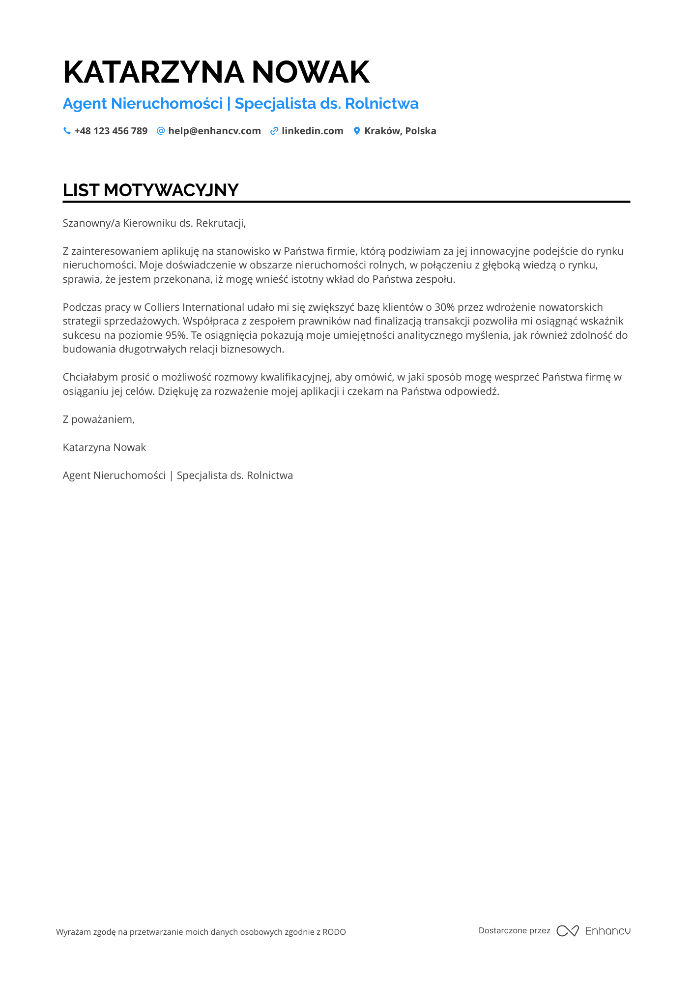 List motywacyjny dla Agent Nieruchomości dla Rolnictwa
