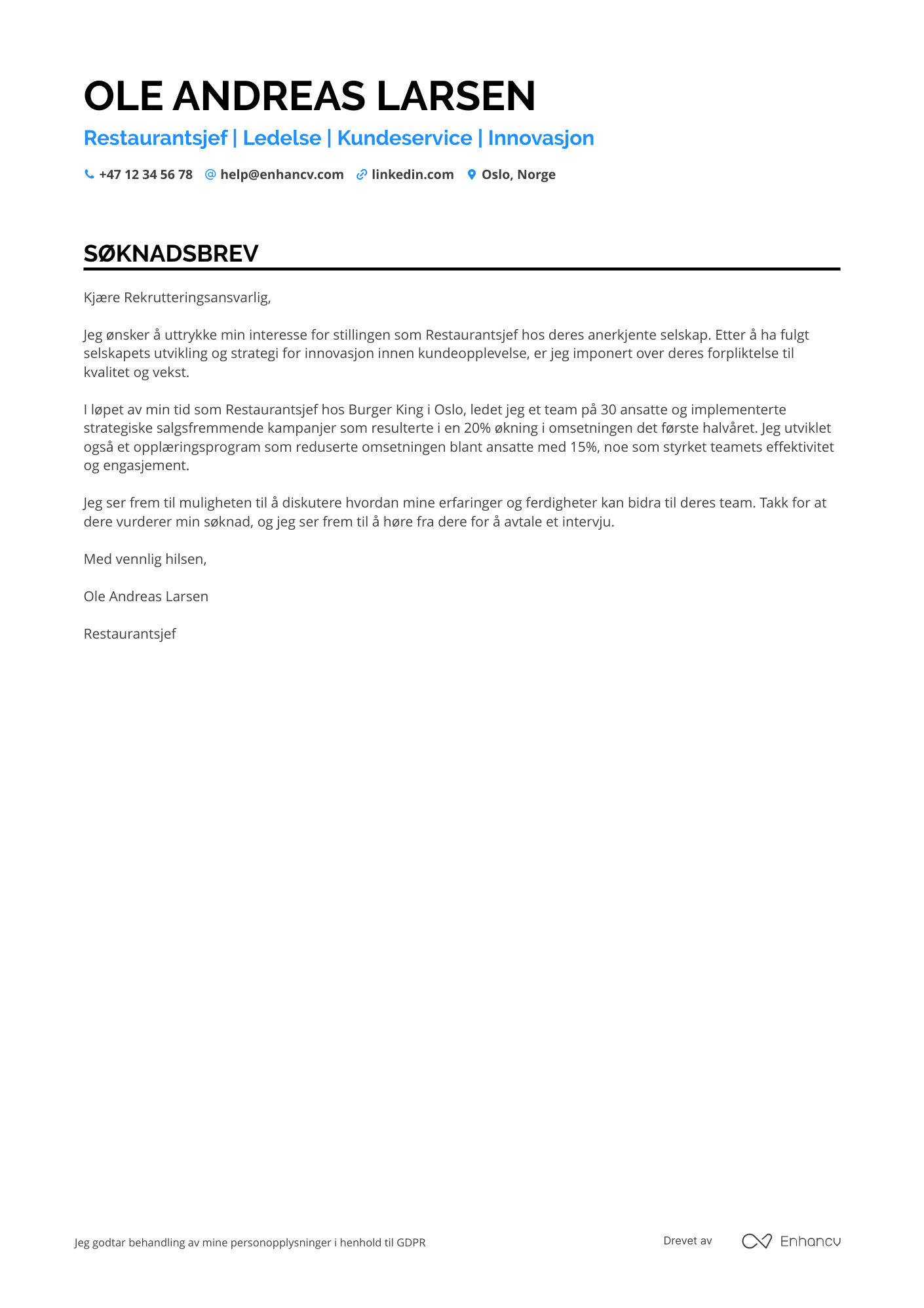 Søknadsbrev for Fast Food Restaurantsjef