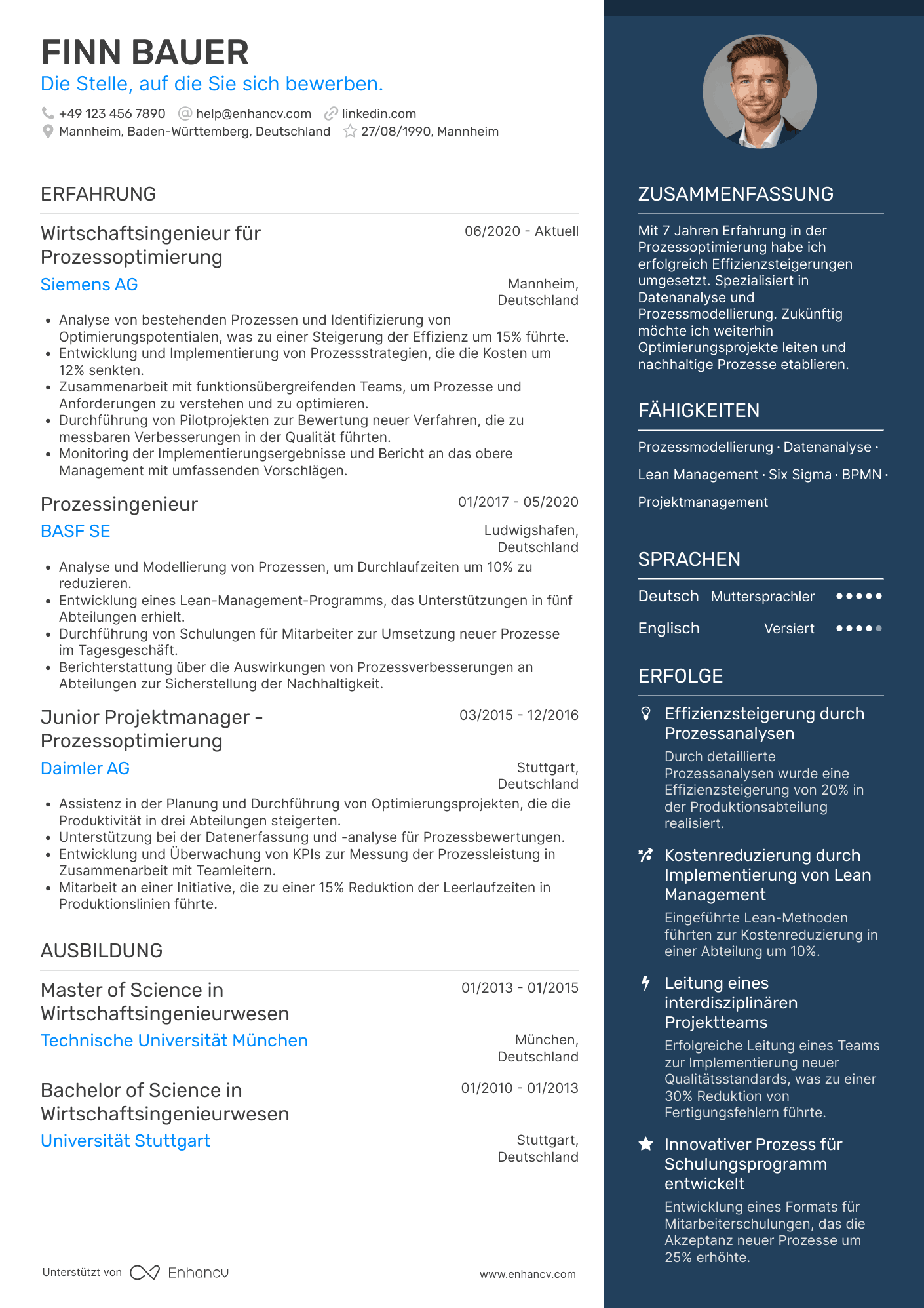 Lebenslauf als Wirtschaftsingenieur in der Prozessoptimierung