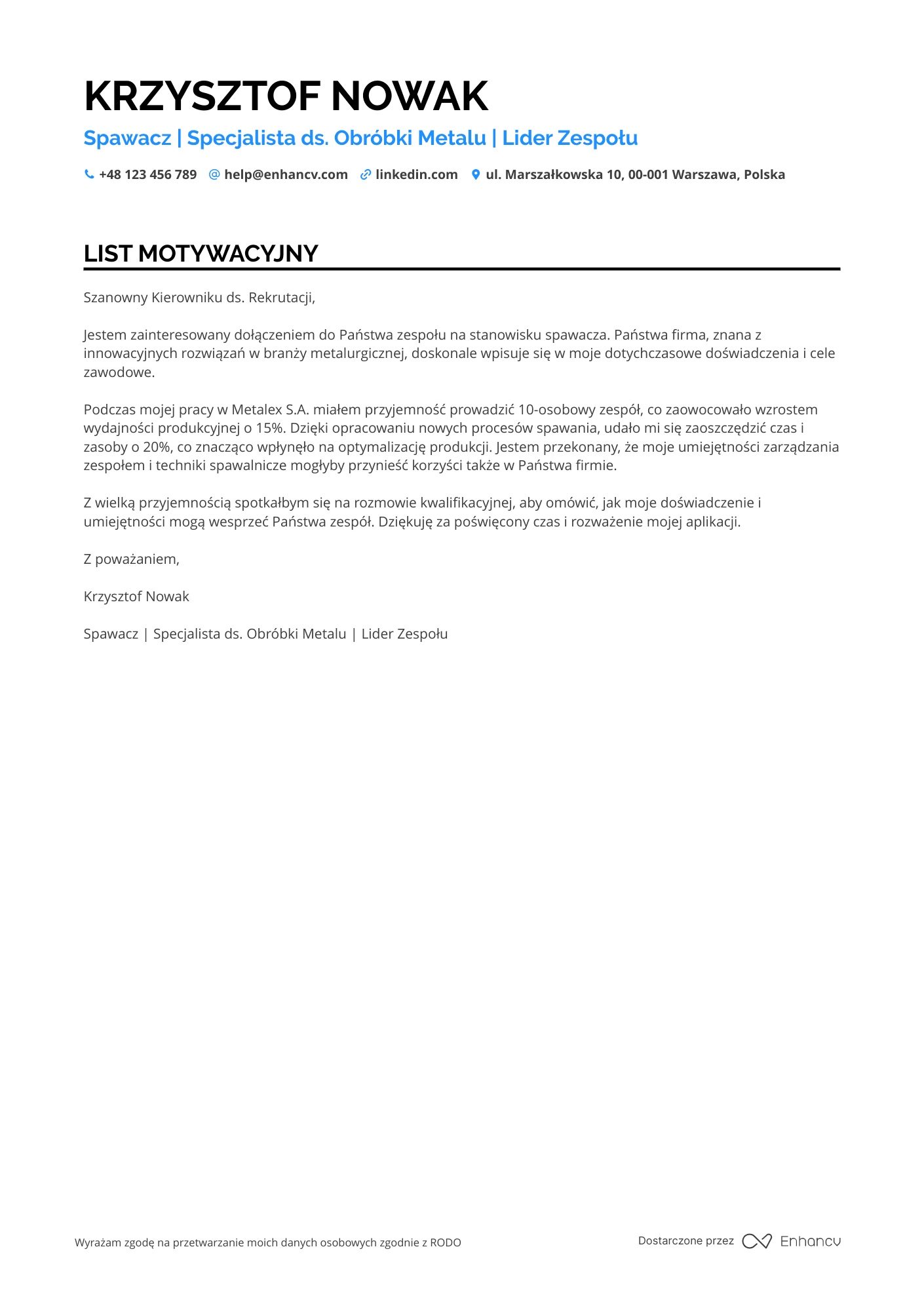 List motywacyjny dla Pracownik Produkcji Spawacz