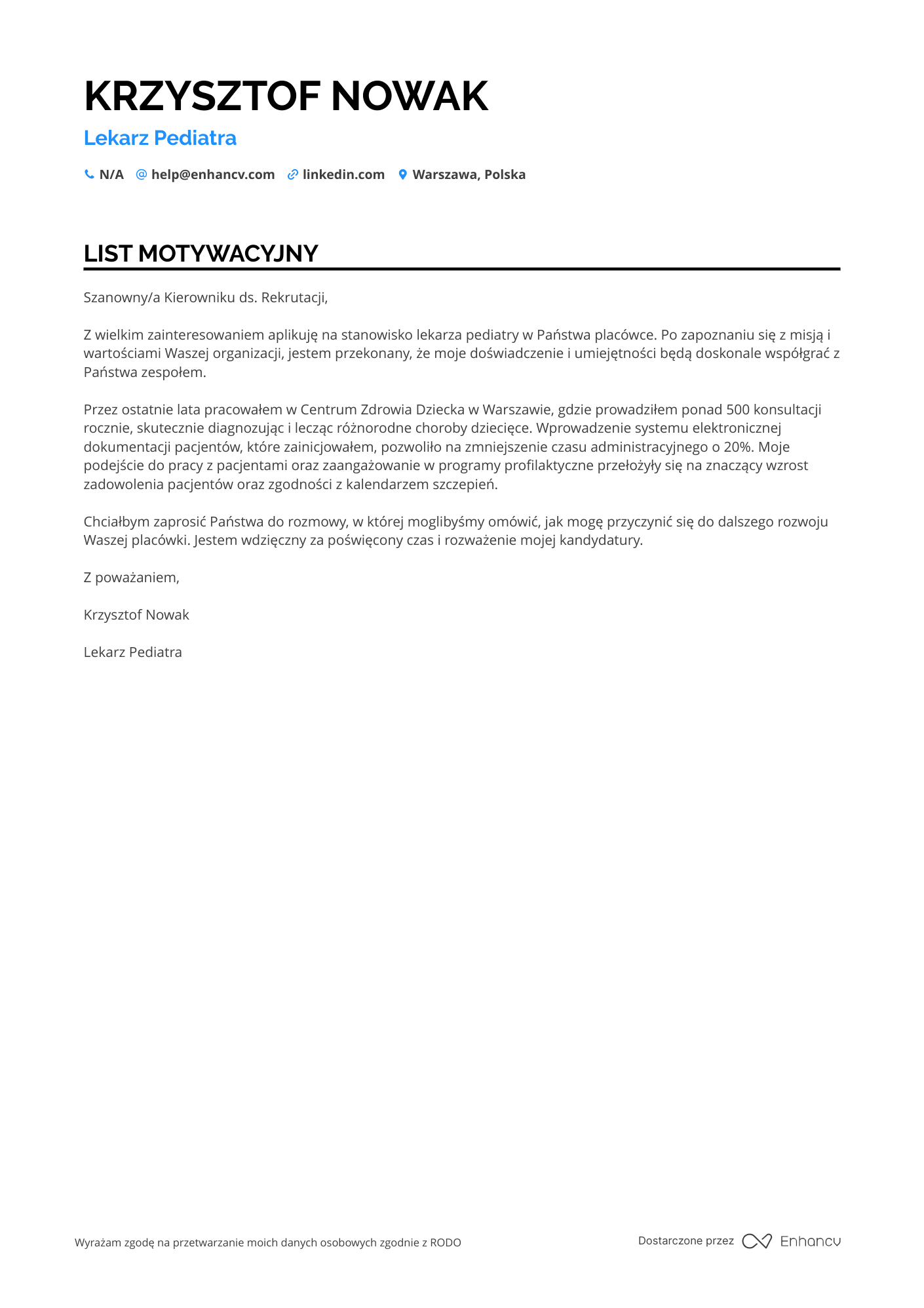 List motywacyjny dla Lekarz Pediatra