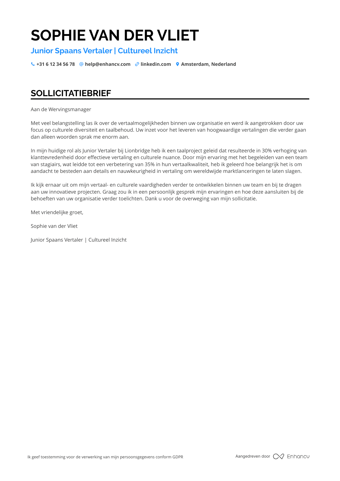 Sollicitatiebrief voor Junior Spaans Vertaler